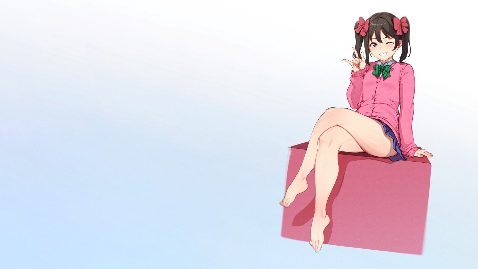 Anime 1920x1080 anime anime girls ecchi simple background Love Live! Yazawa Nico twintails thighs schoolgirl miniskirt school uniform legs crossed cardigan barefoot feet
