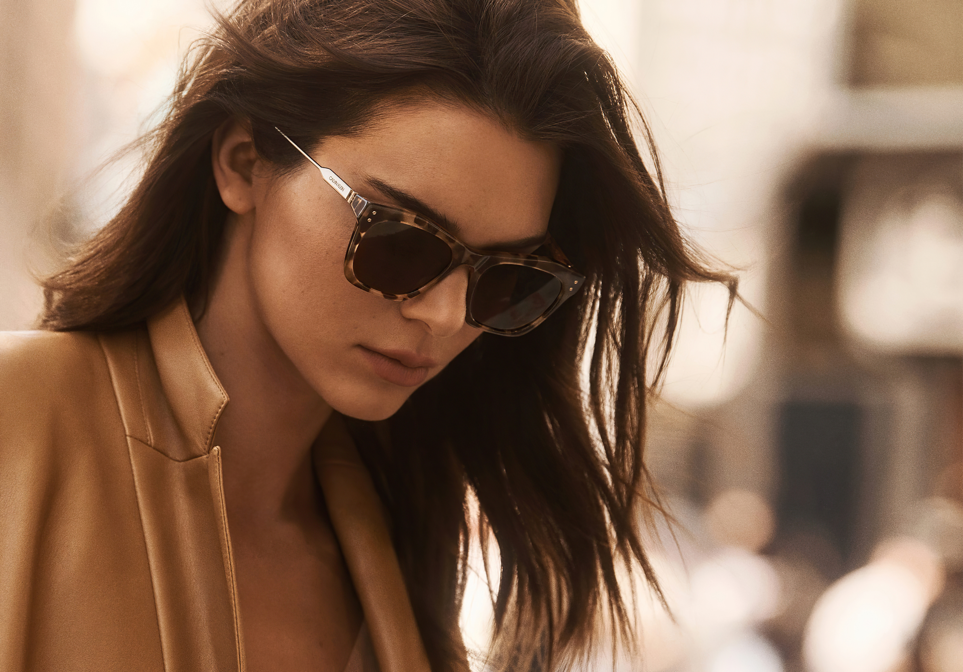 People 3840x2680 glasses Kendall Jenner model women looking below dark hair brown coat closeup