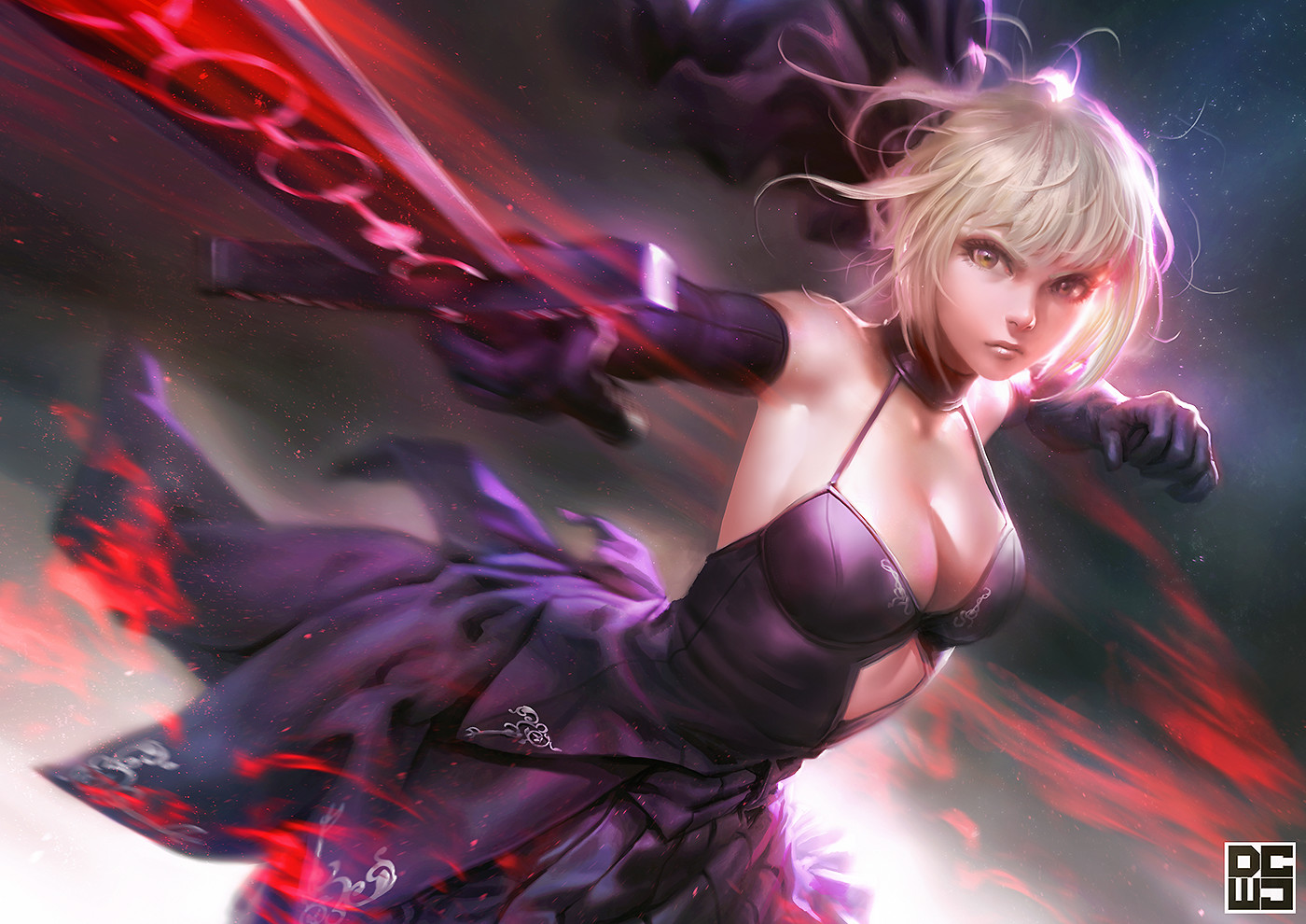 Anime 1400x990 Derrick Chew drawing Saber Alter black clothing fighting motion blur Fate series Fate/Stay Night Fate/Grand Order fate/stay night: heaven's feel black dress no bra ecchi long sleeves women with swords Excalibur messy hair long hair looking at viewer yellow eyes fan art armpits blonde Artoria Pendragon