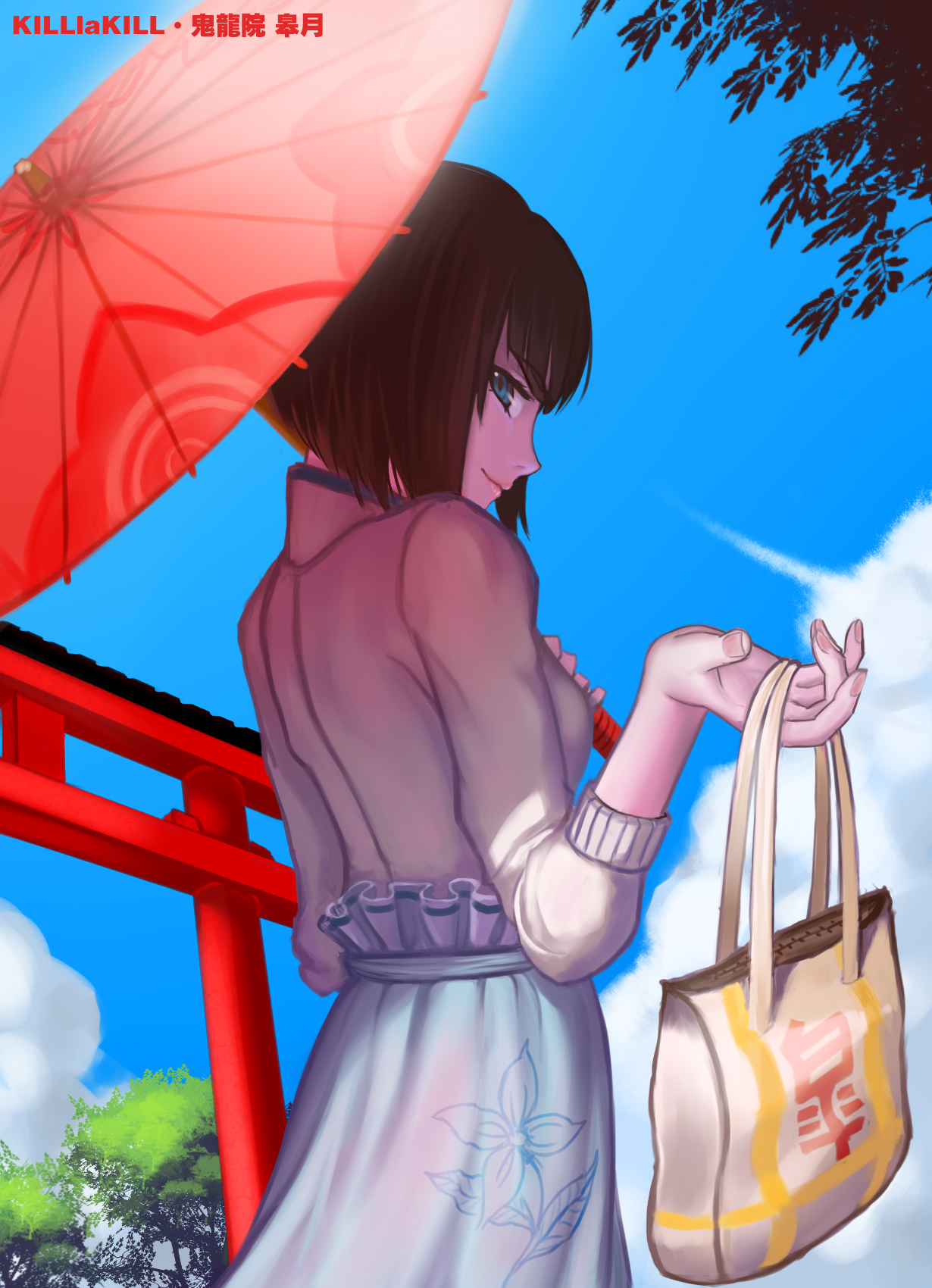 Anime 1230x1700 Kill la Kill anime girls long skirt women with umbrella short hair small boobs clear sky temple white sweater blue skirt smiling Kiryuin Satsuki anime