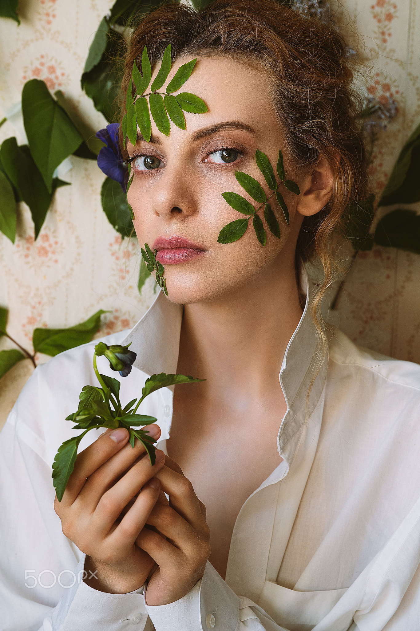 People 1366x2048 Daria Klepikova women brunette leaves portrait makeup shirt white clothing looking at viewer lipstick plants flowers