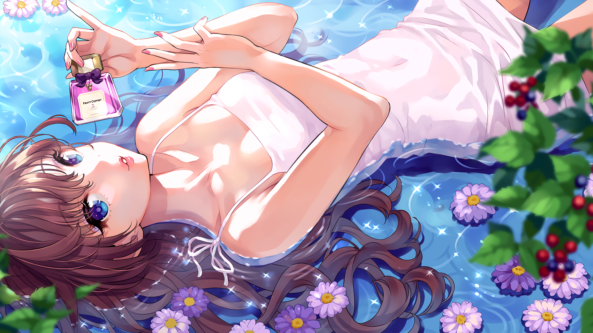Anime 1920x1080 long hair flowers leaves water dress brunette aqua eyes anime anime girls in water sun dress THE iDOLM@STER Ichinose Shiki Nishimura Eri