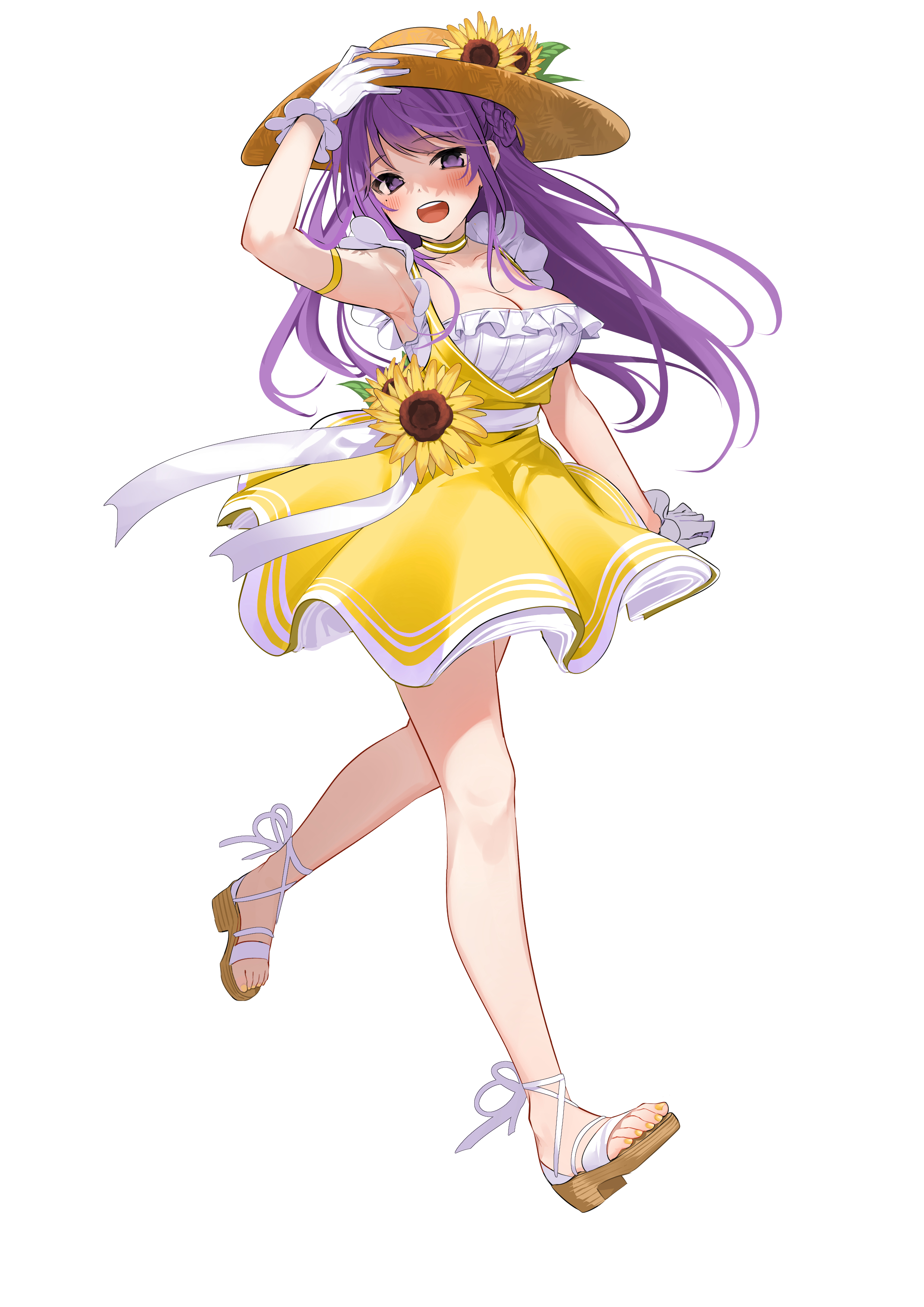 Anime 2480x3508 anime girls anime digital art artwork 2D portrait display vertical Xretakex purple hair purple eyes blush hat dress summer dress sunflowers cleavage