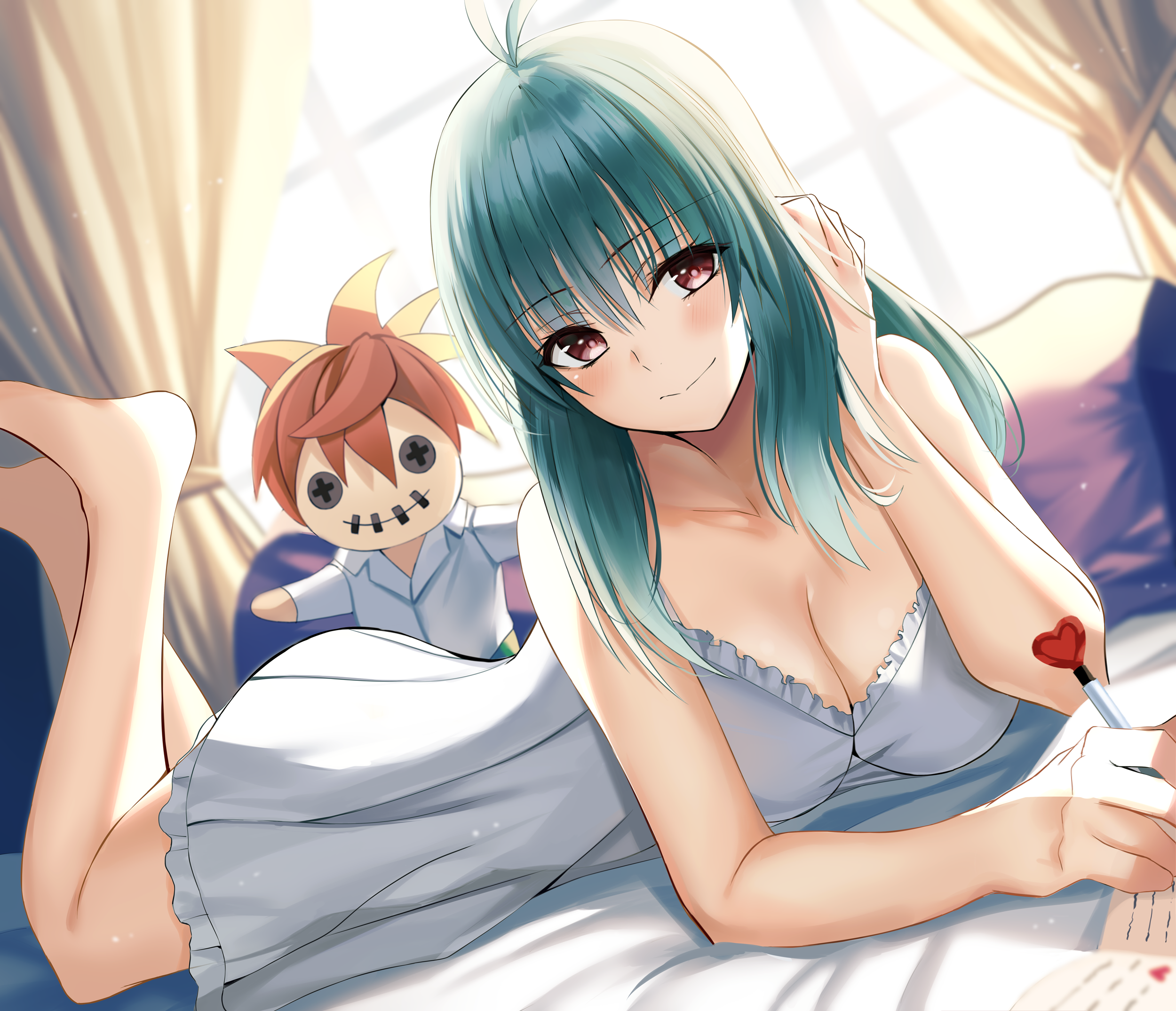 Anime 2500x2150 anime anime girls digital art artwork 2D portrait To Love-ru Nicky W in bed lying on front cleavage green hair brown eyes barefoot dress sun dress feet in the air