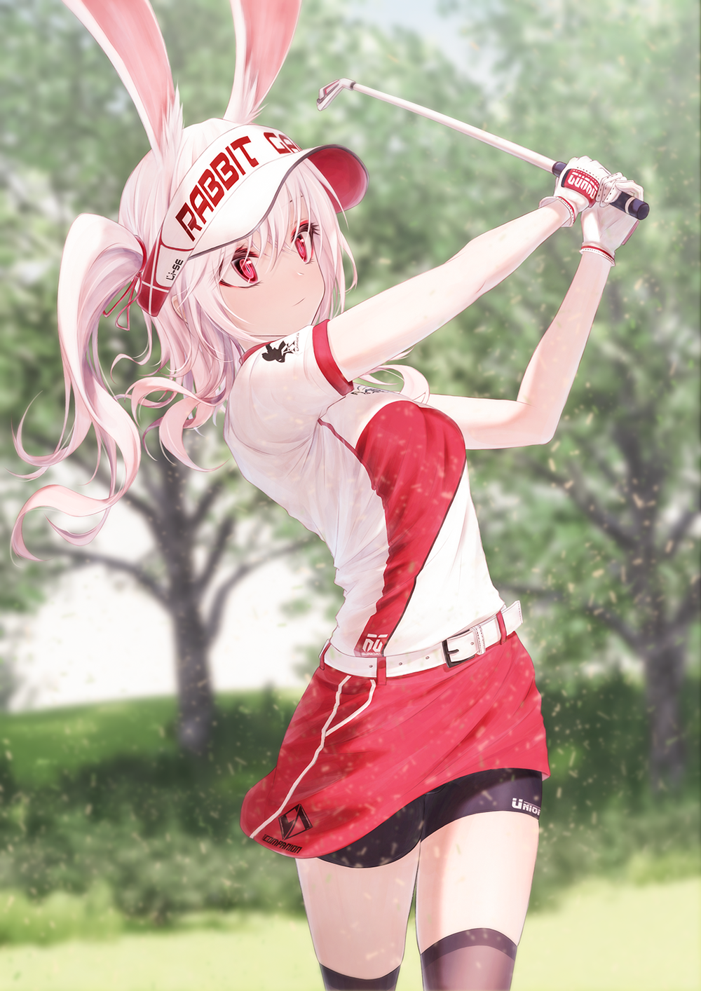 Anime 1000x1414 anime anime girls digital art artwork 2D portrait display Bae.C animal ears pink hair red eyes golf sportswear bunny girl