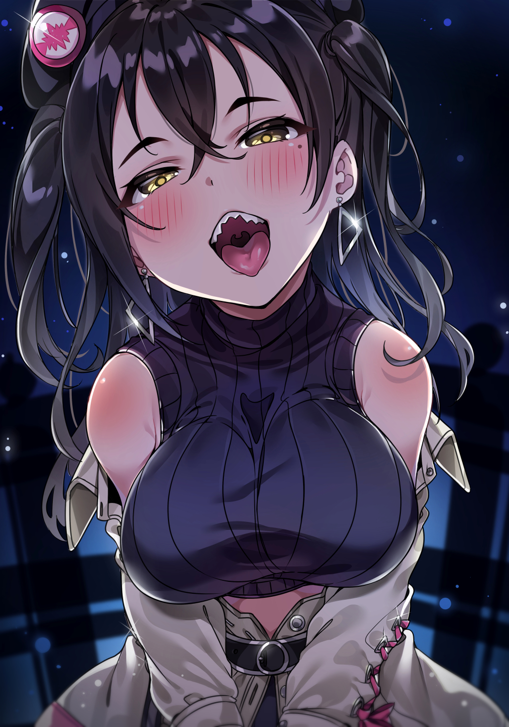 Anime 1021x1457 anime girls anime open mouth yellow eyes tongue out suggestive blushing frontal view night implied sex