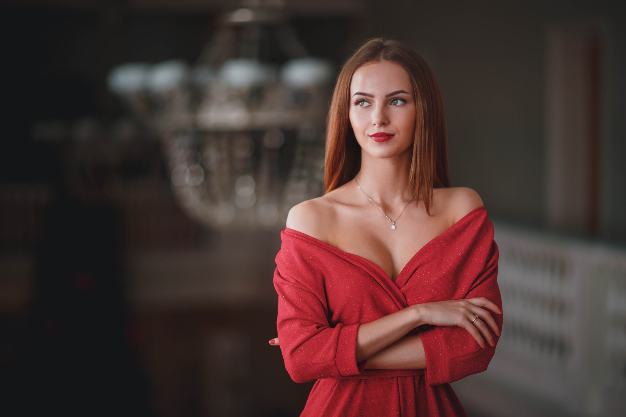 People 2048x1365 Aleksei Gilev redhead cleavage red dress model long hair green eyes necklace red lipstick indoors women dress straight hair looking away red nails standing bare shoulders depth of field red clothing makeup