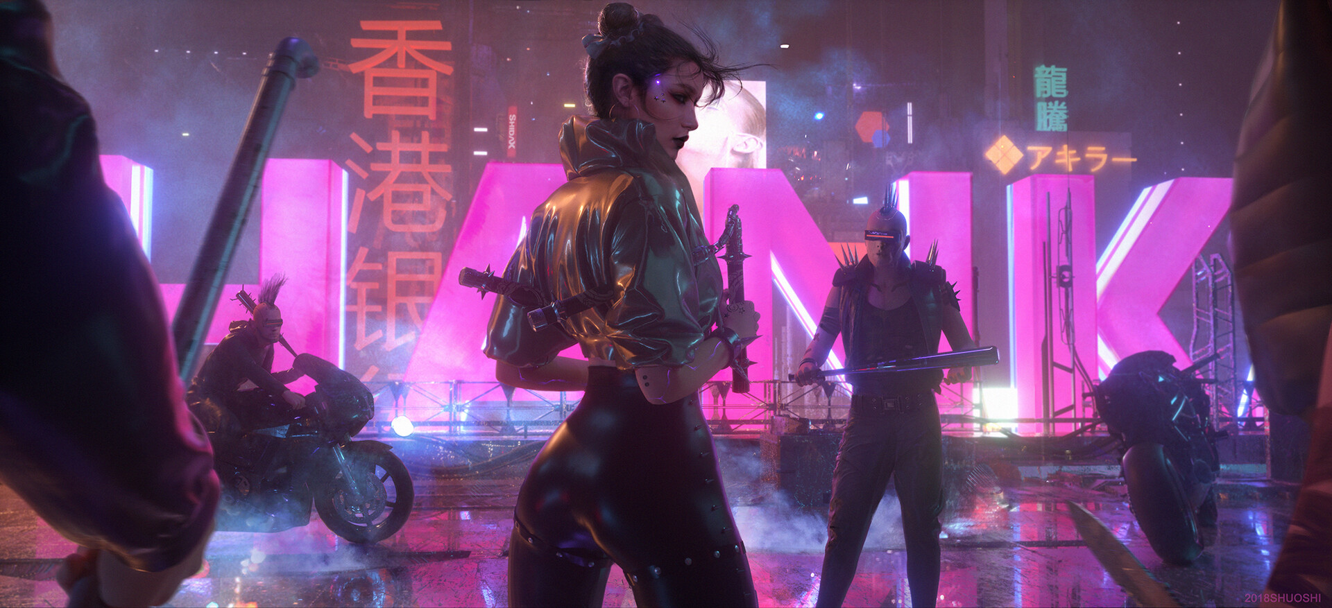 General 1920x877 cyberpunk women Asian futuristic science fiction pink Shuo Shi motorcycle