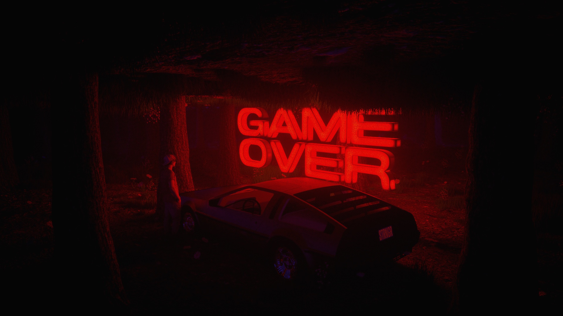 General 1920x1080 dark artwork car GAME OVER retrowave DeLorean vehicle red