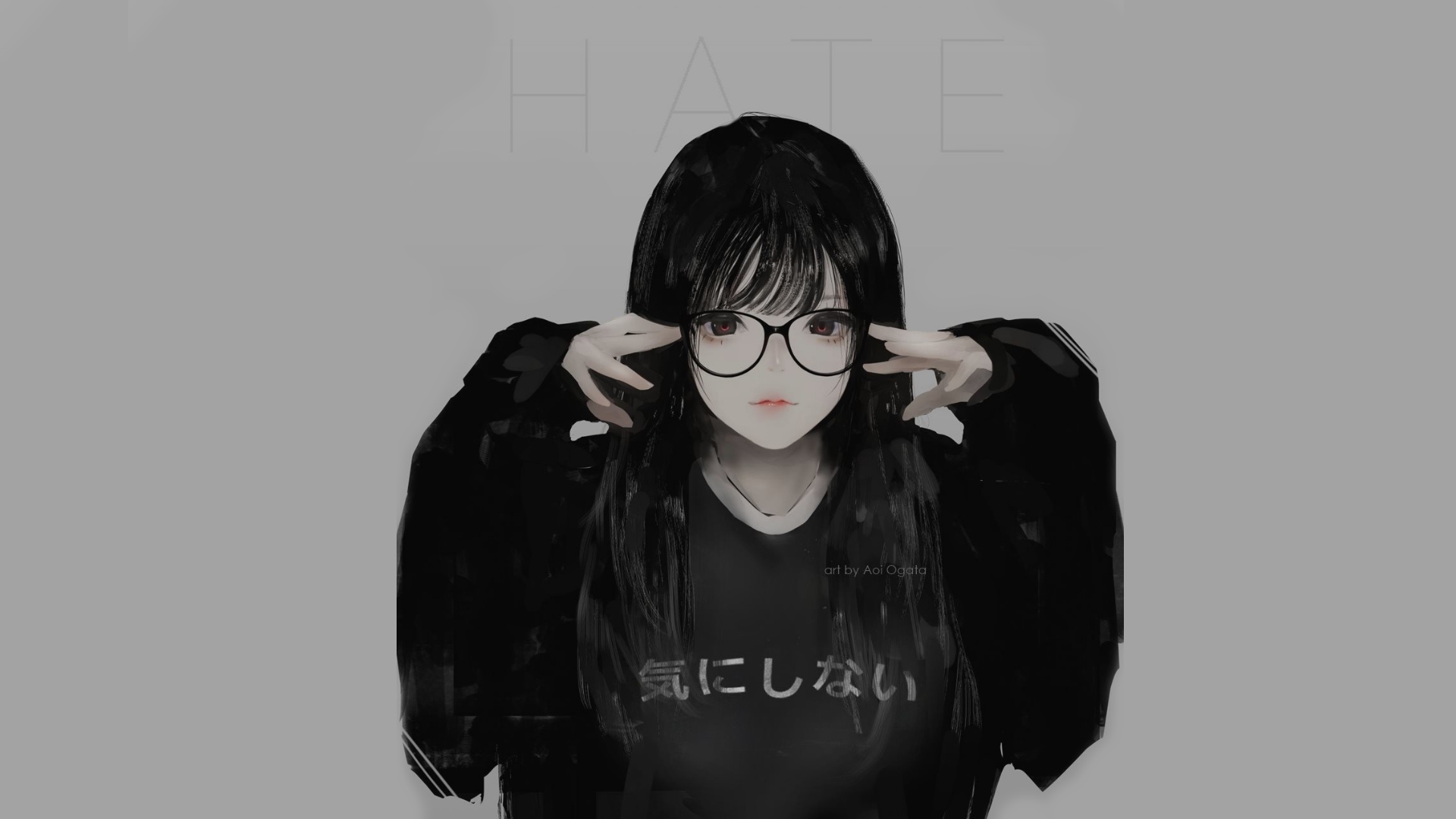 Anime 1920x1080 Aoi Ogata digital art artwork illustration simple background black clothing minimalism hate-chan women with glasses looking at viewer black hair original characters