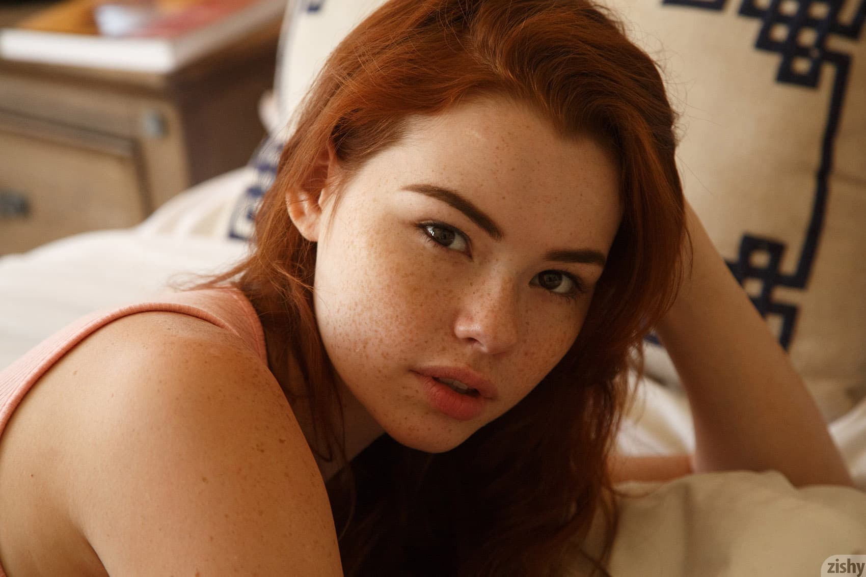 People 1700x1133 Sabrina Lynn face redhead bed Zishy women American women freckles watermarked closeup