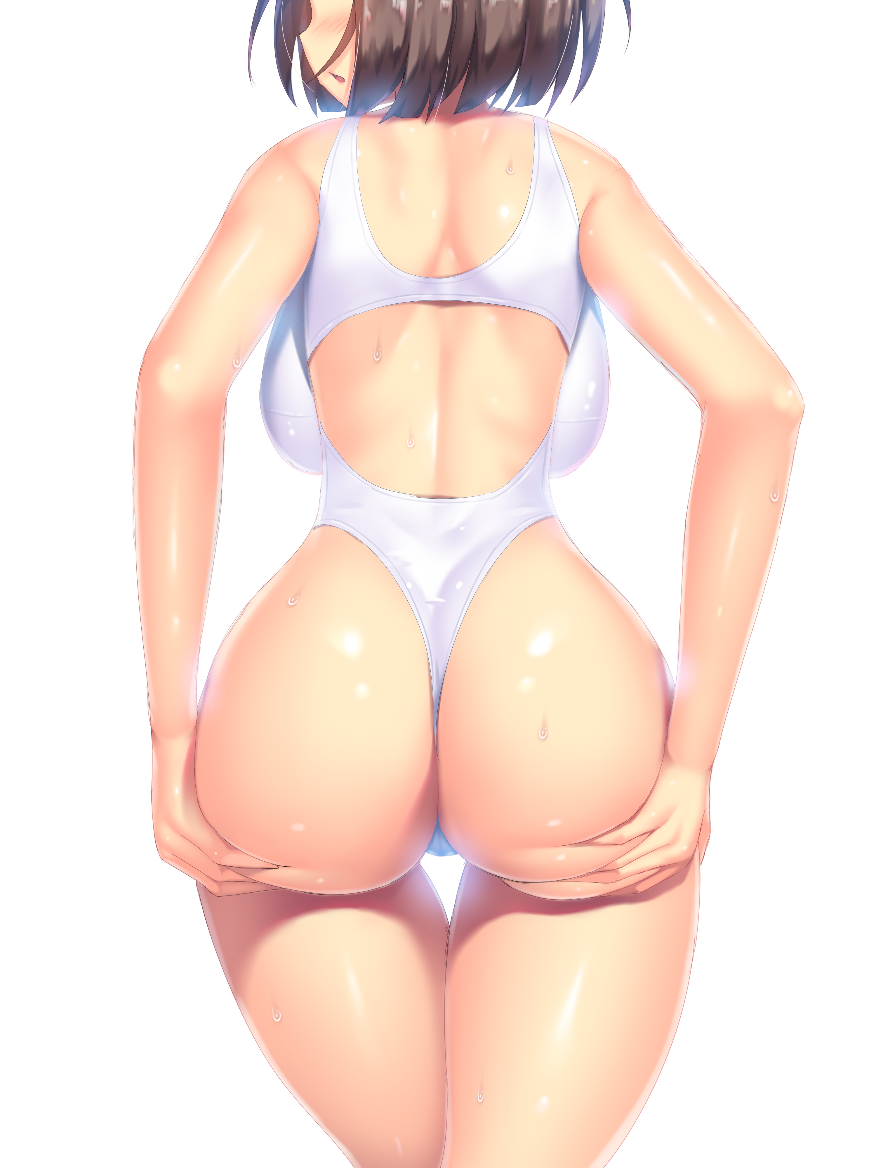 Anime 3000x4000 A. X. brunette short hair ass white background swimwear booty scoop looking over shoulder the gap ass grab one-piece swimsuit anime girls