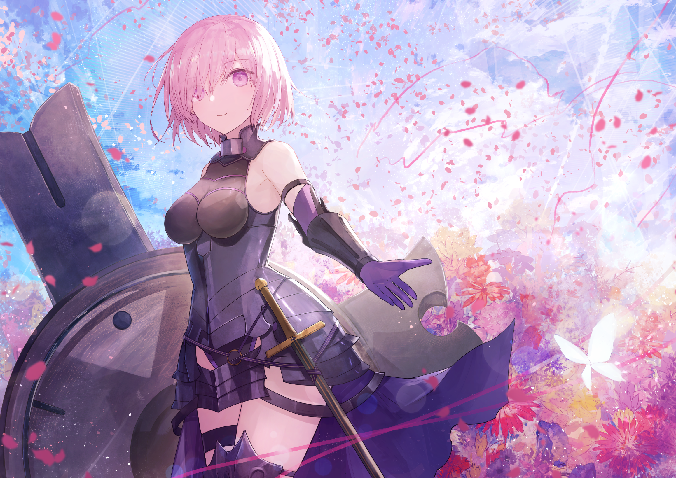 Anime 2317x1639 Fate series Fate/Grand Order anime girls thighs big boobs 2D smiling looking at viewer short hair pink hair Mash Kyrielight armor purple eyes fan art women with swords