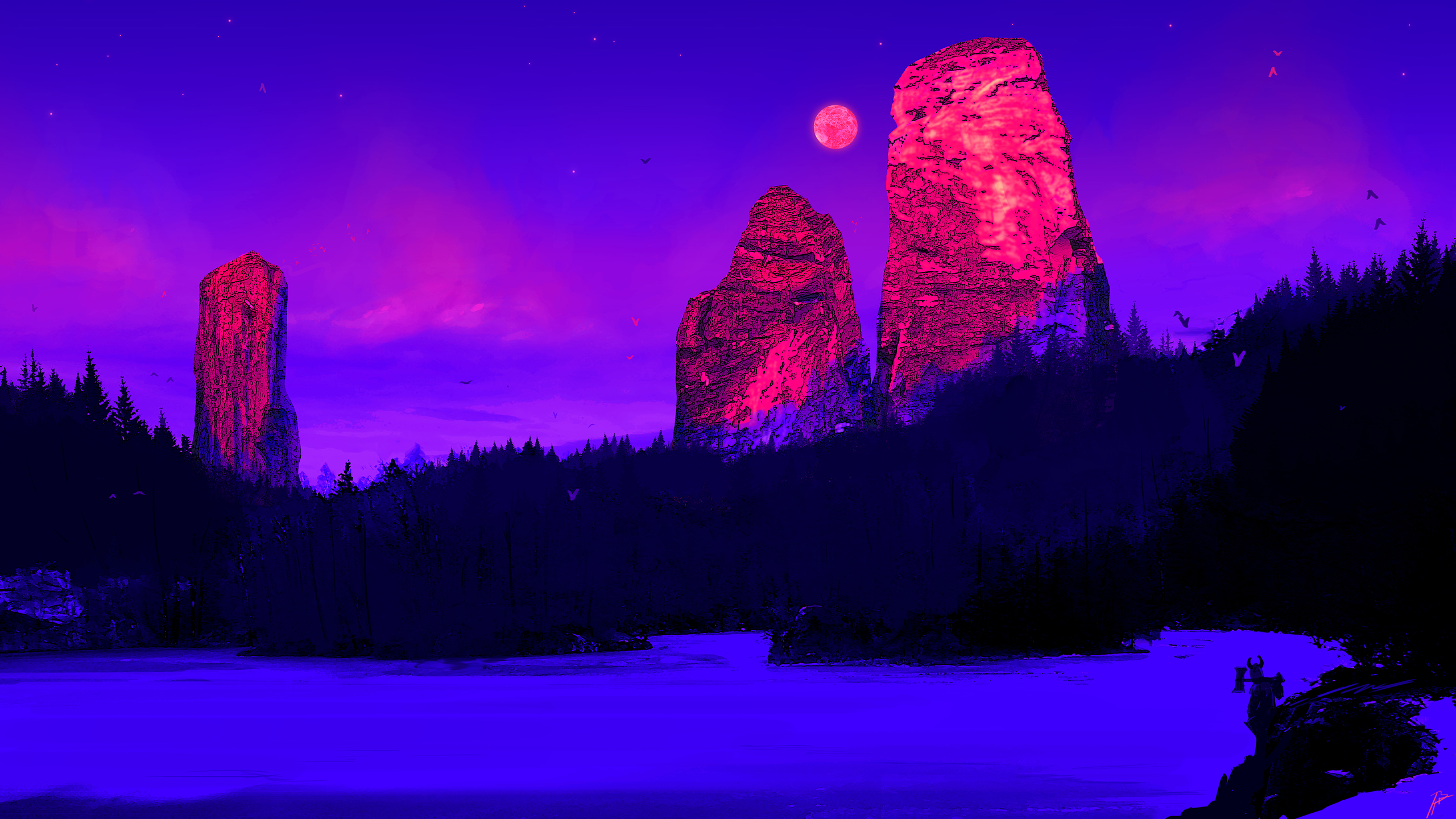 General 2560x1440 JoeyJazz landscape winter fantasy art DeviantArt digital art artwork cold rocks rock formation Moon