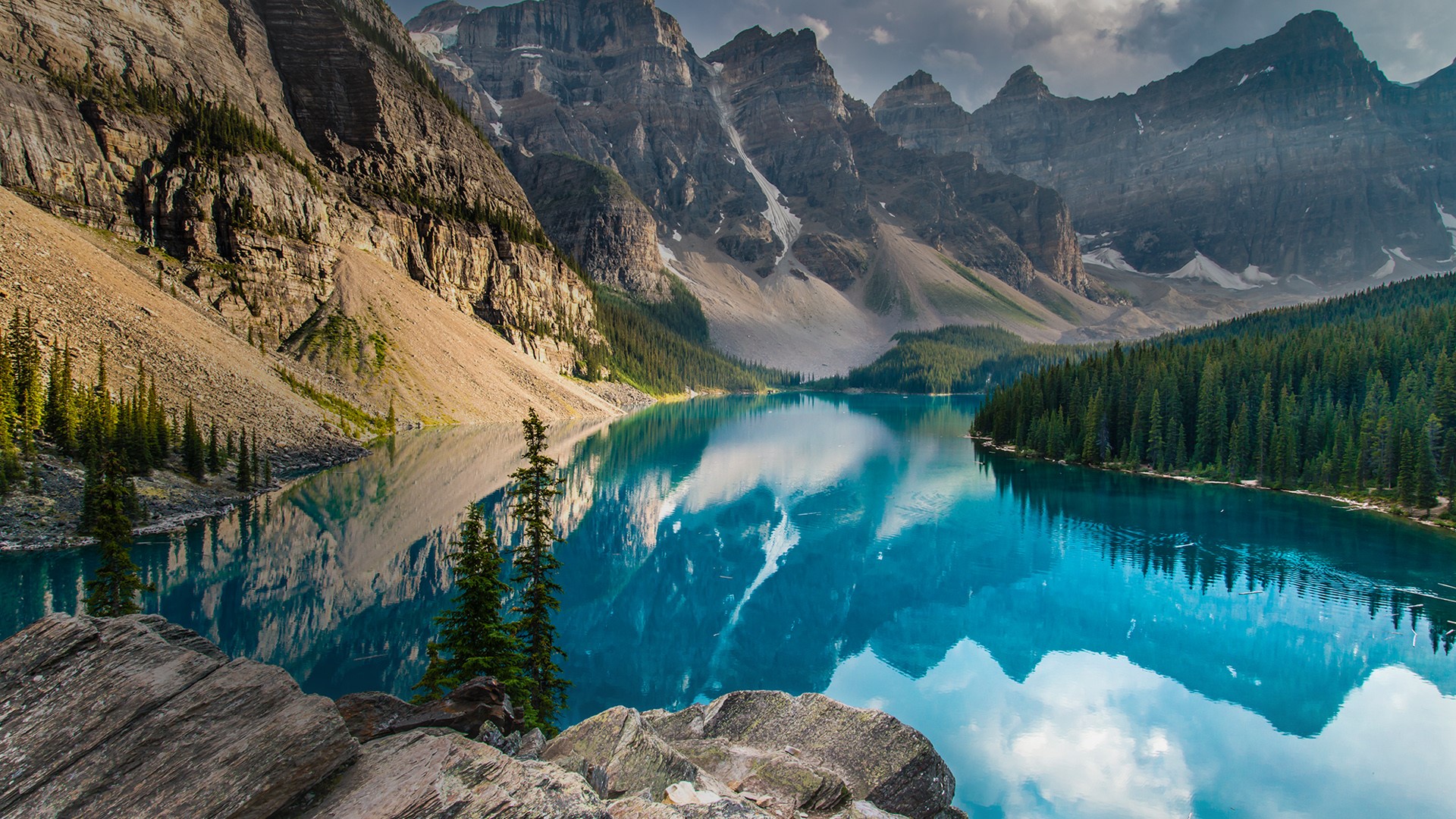 General 1920x1080 nature landscape clouds sand rocks mountains snow sky water forest pine trees reflection canyon Moraine Lake lake Alberta Canada