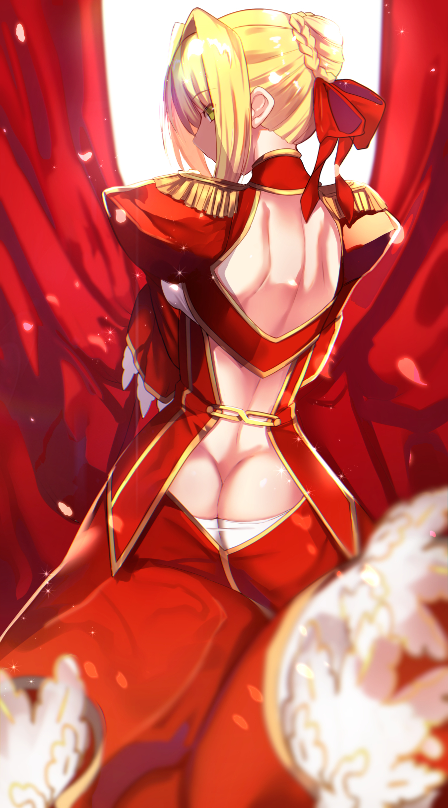 Anime 903x1628 anime anime girls digital art artwork 2D portrait display Fate/Grand Order Fate/Extra Nero Claudius Fate series Untue blonde green eyes dress no bra ass back looking back