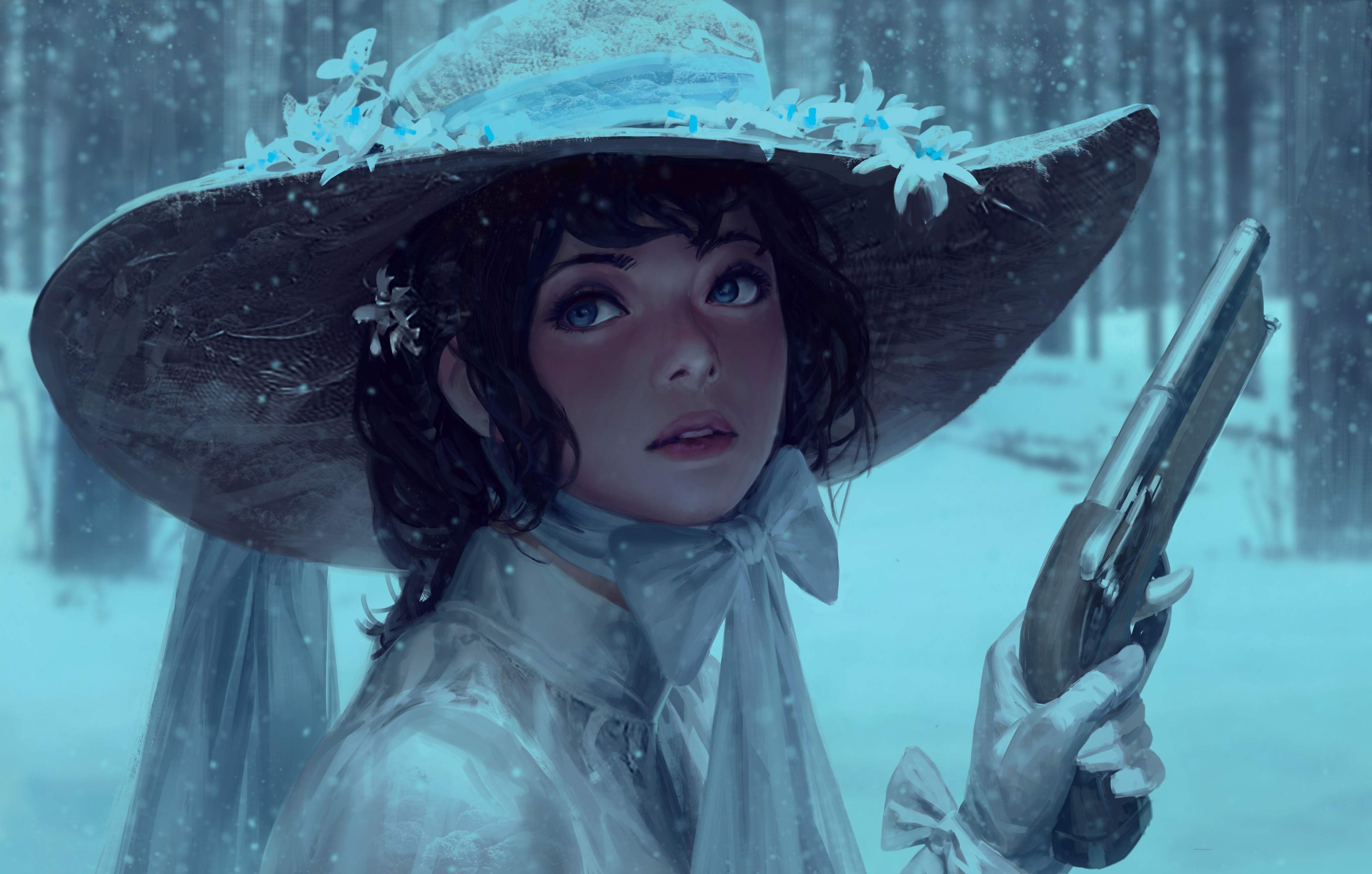 General 4096x2609 white clothing gun weapon gloves looking away forest trees snowing snow winter original characters artwork drawing digital art fantasy girl parted lips face women portrait GUWEIZ