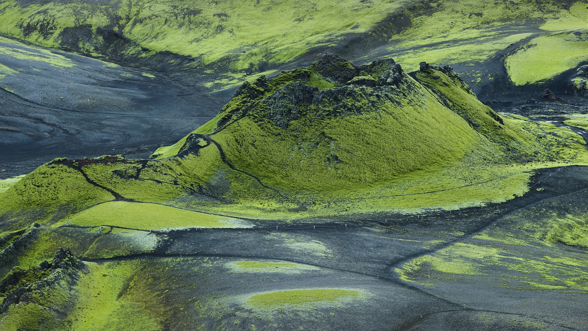 General 1920x1080 landscape grass field drone photo aerial view black sand volcano Lakagígar Iceland green nature