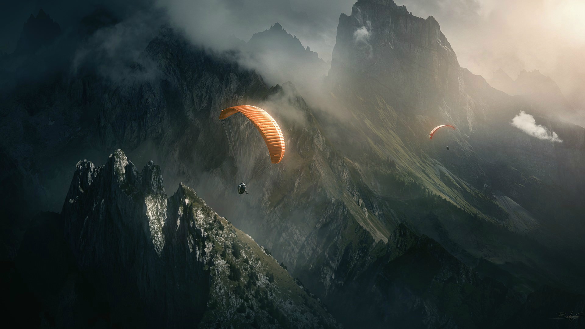 General 1920x1080 mountains paragliding digital art outdoors aerial view landscape nature
