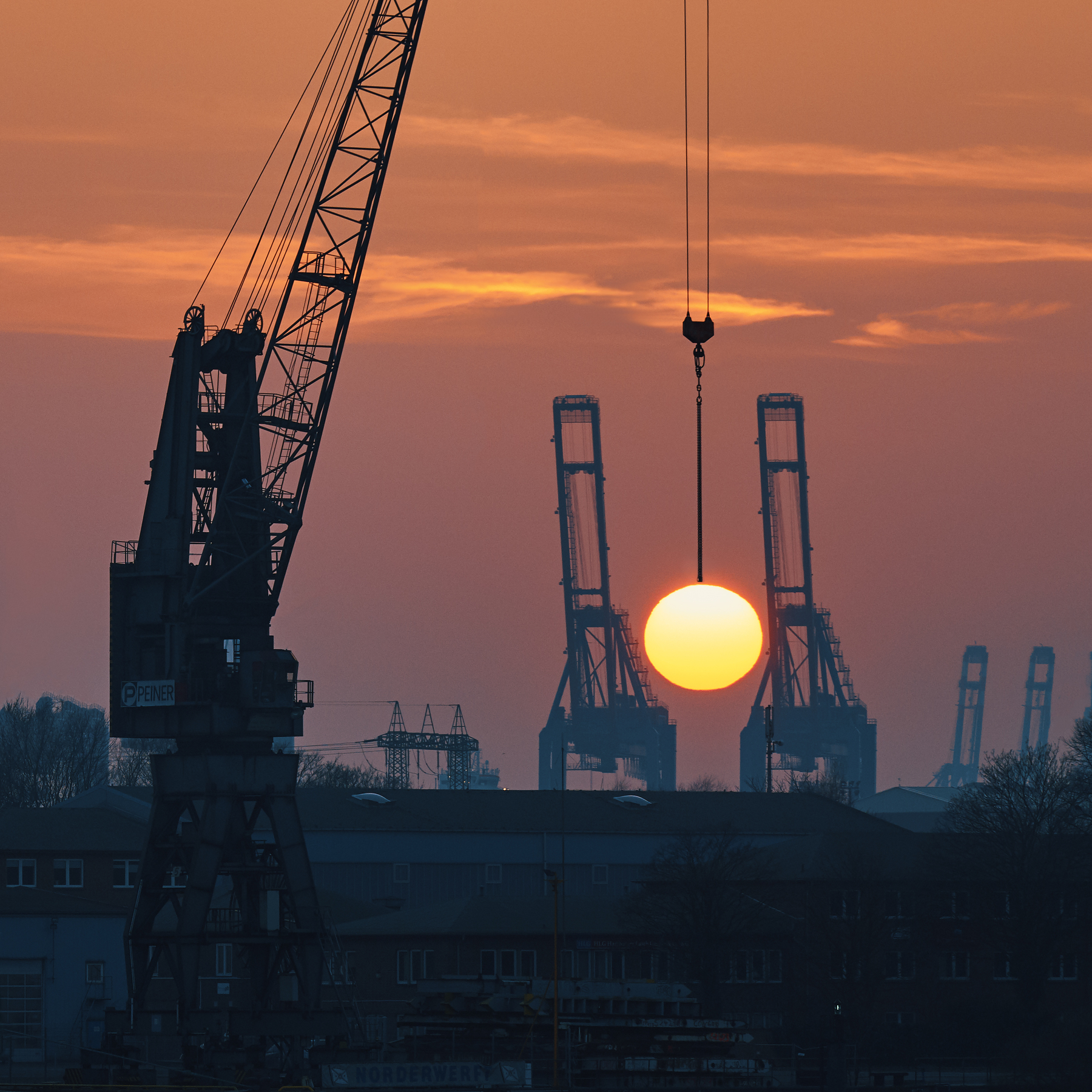 General 1800x1800 architecture Hamburg Alexander Schönberg city Germany cranes (machine) Sun sunset clouds building industrial