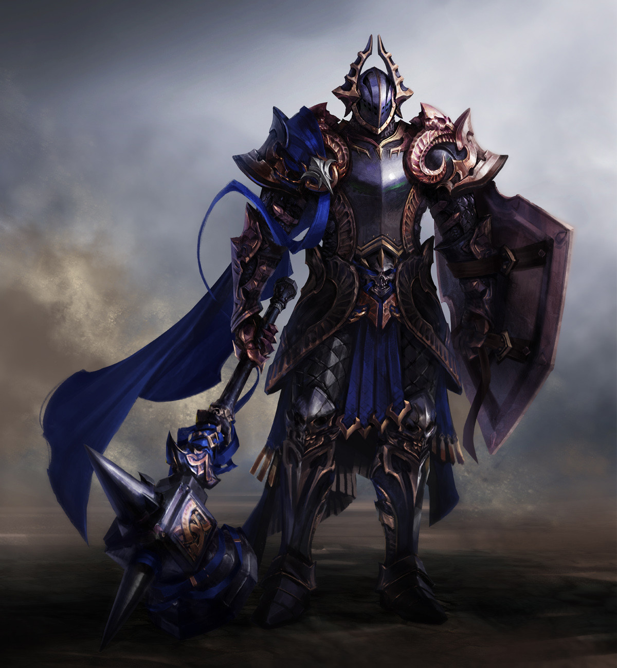 General 1200x1300 drawing men dark helmet horns armor cape steel weapon mace spikes shield mist warrior Ares (artist) digital art