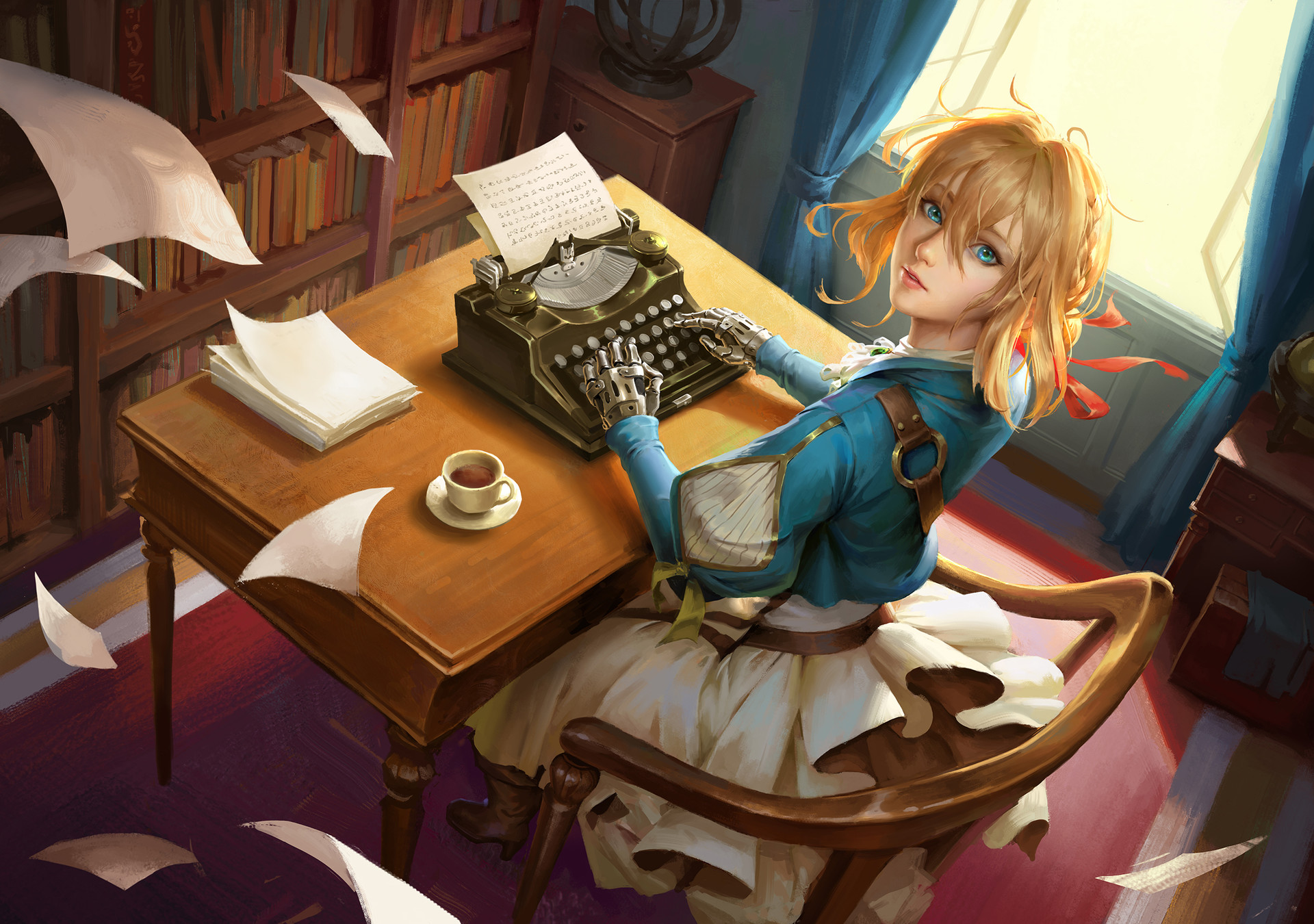 Anime 1920x1350 drawing women blonde messy hair blue eyes looking at viewer dress typewriters table paper wind cup coffee prosthesis blue clothing writing Violet Evergarden high angle