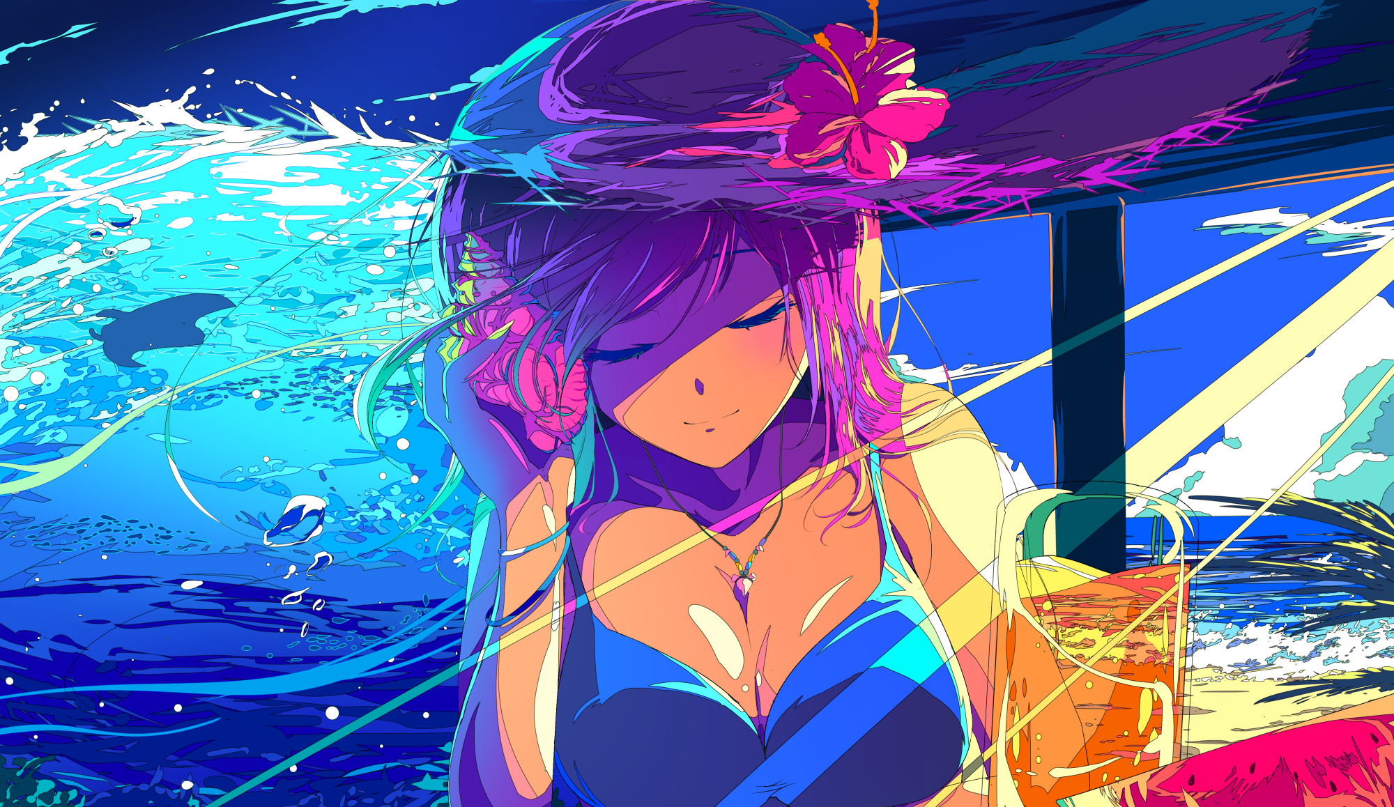 Anime 2000x1158 anime anime girls bikini bonnet beach hat sea colorful artwork digital art Berry Verrine blue