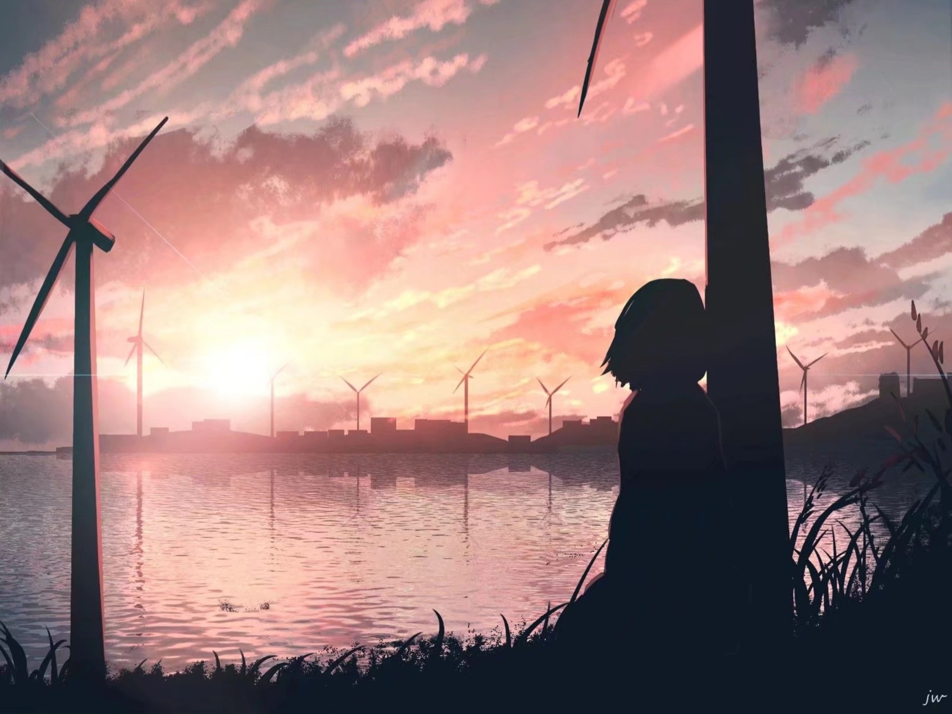 Anime 1920x1440 anime sunset landscape sky clouds wind turbine