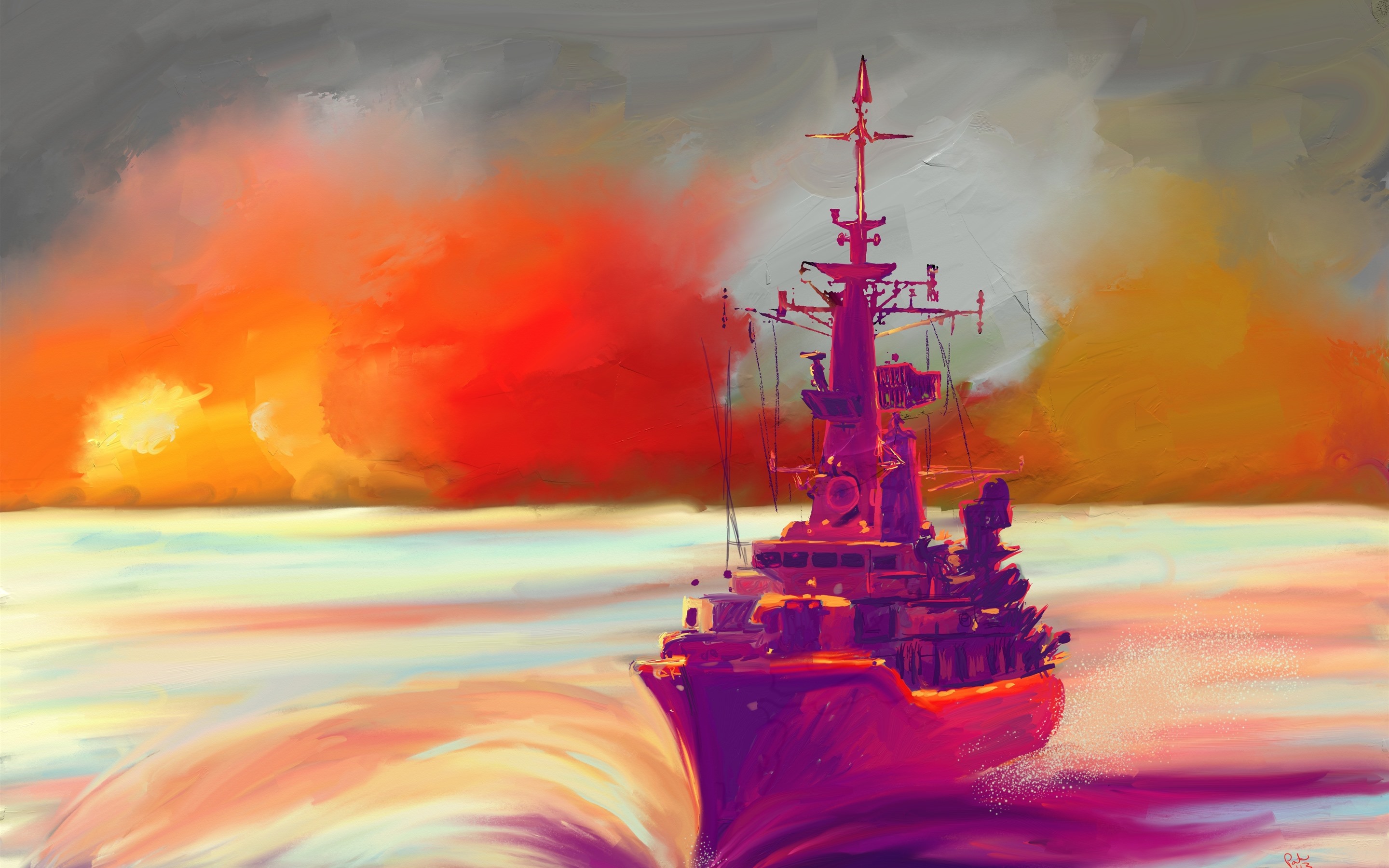 General 2880x1800 illustration ship clouds water watercolor digital art