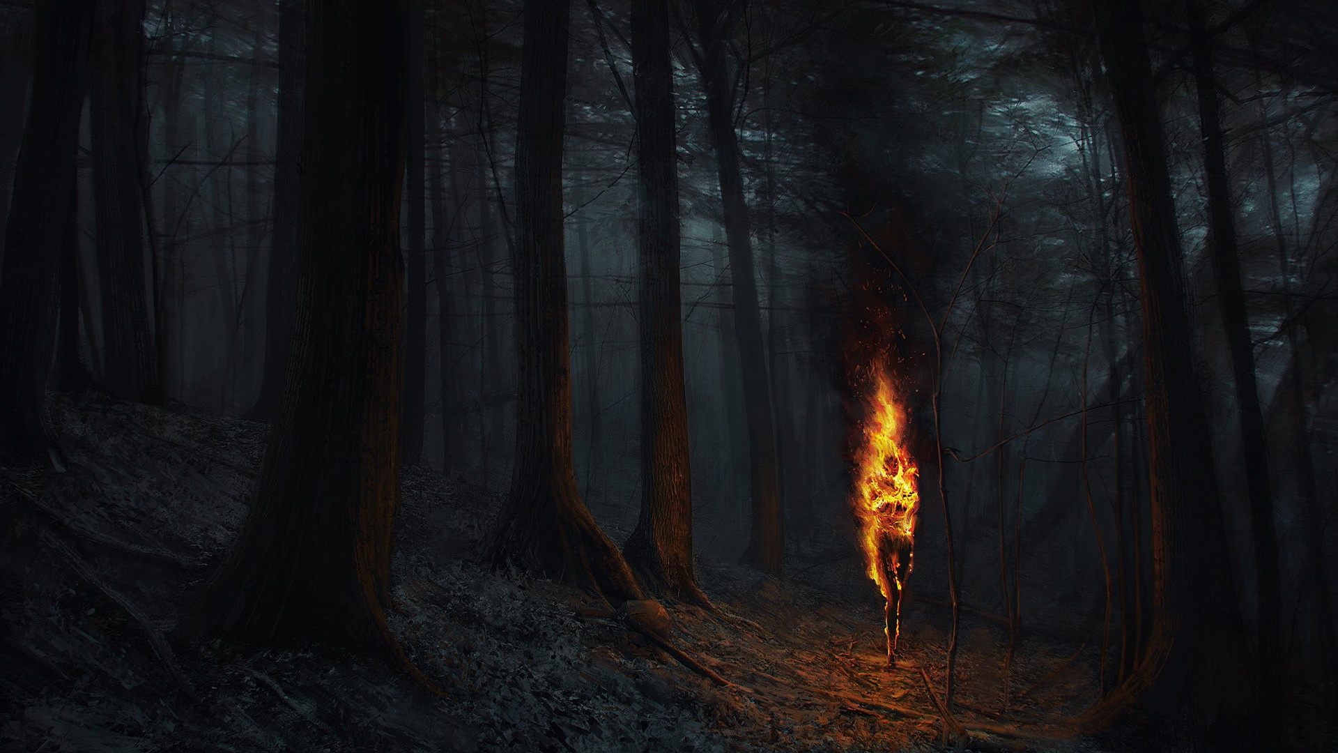 General 1920x1080 fantasy art dark dark fantasy burning fire forest digital art