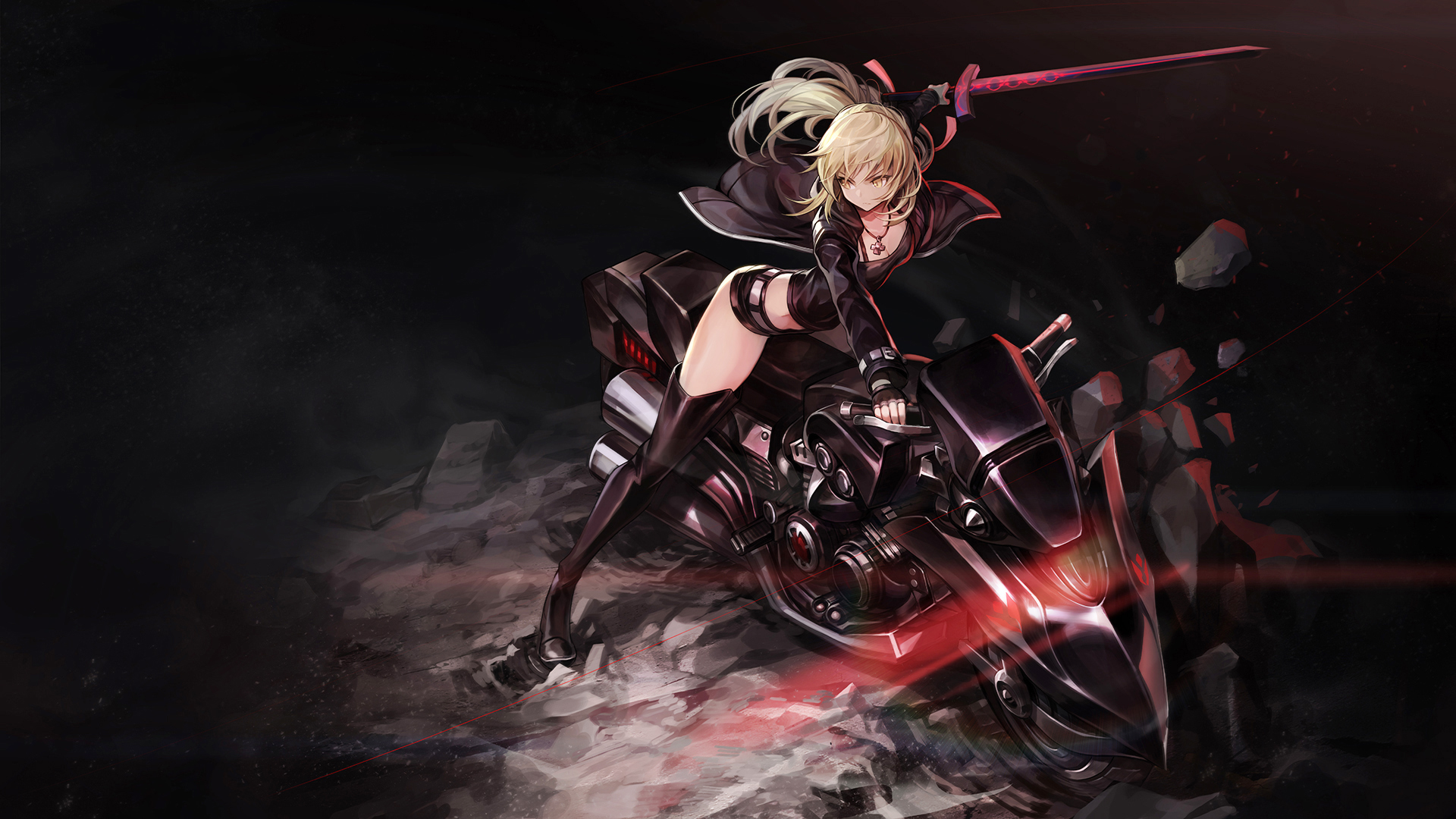 Anime 1920x1080 Fate/Grand Order Saber Alter thigh-highs gloves weapon sword motorcycle Fate series