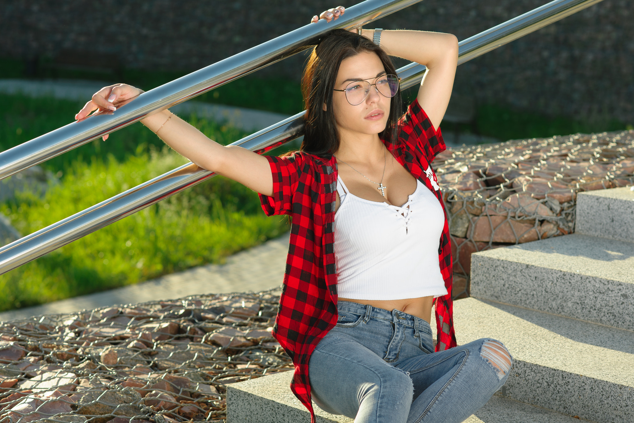 People 2048x1365 women portrait plaid shirt torn jeans stairs sitting women with glasses Marina Shimkovich lace up top