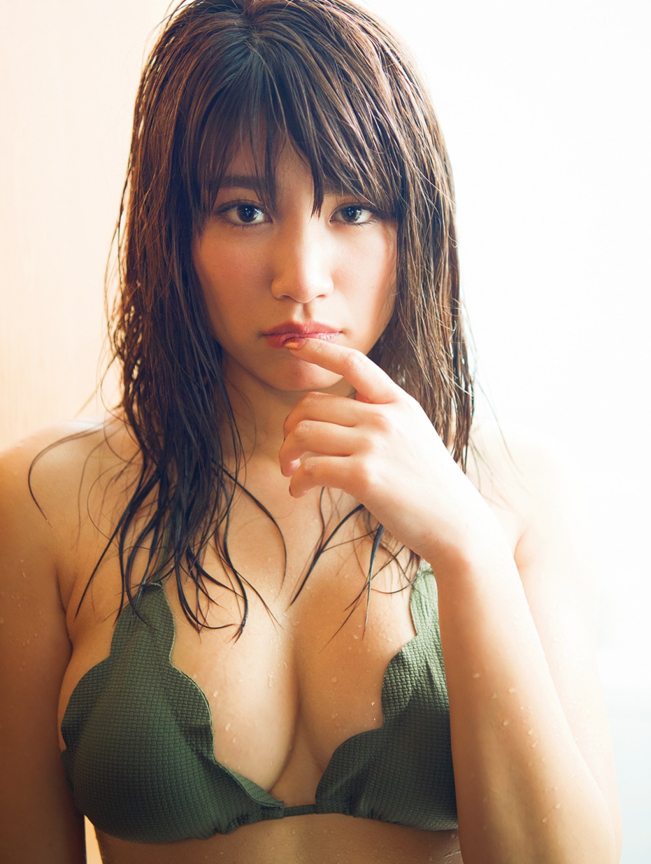 People 1280x1698 Ikumi Hisamatsu women model Asian Japanese Japanese women wet body wet hair bikini top finger on lips brunette