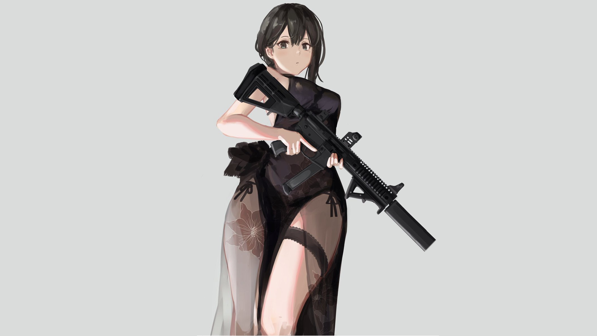 Anime 1920x1080 anime anime girls black hair Chinese dress girls with guns