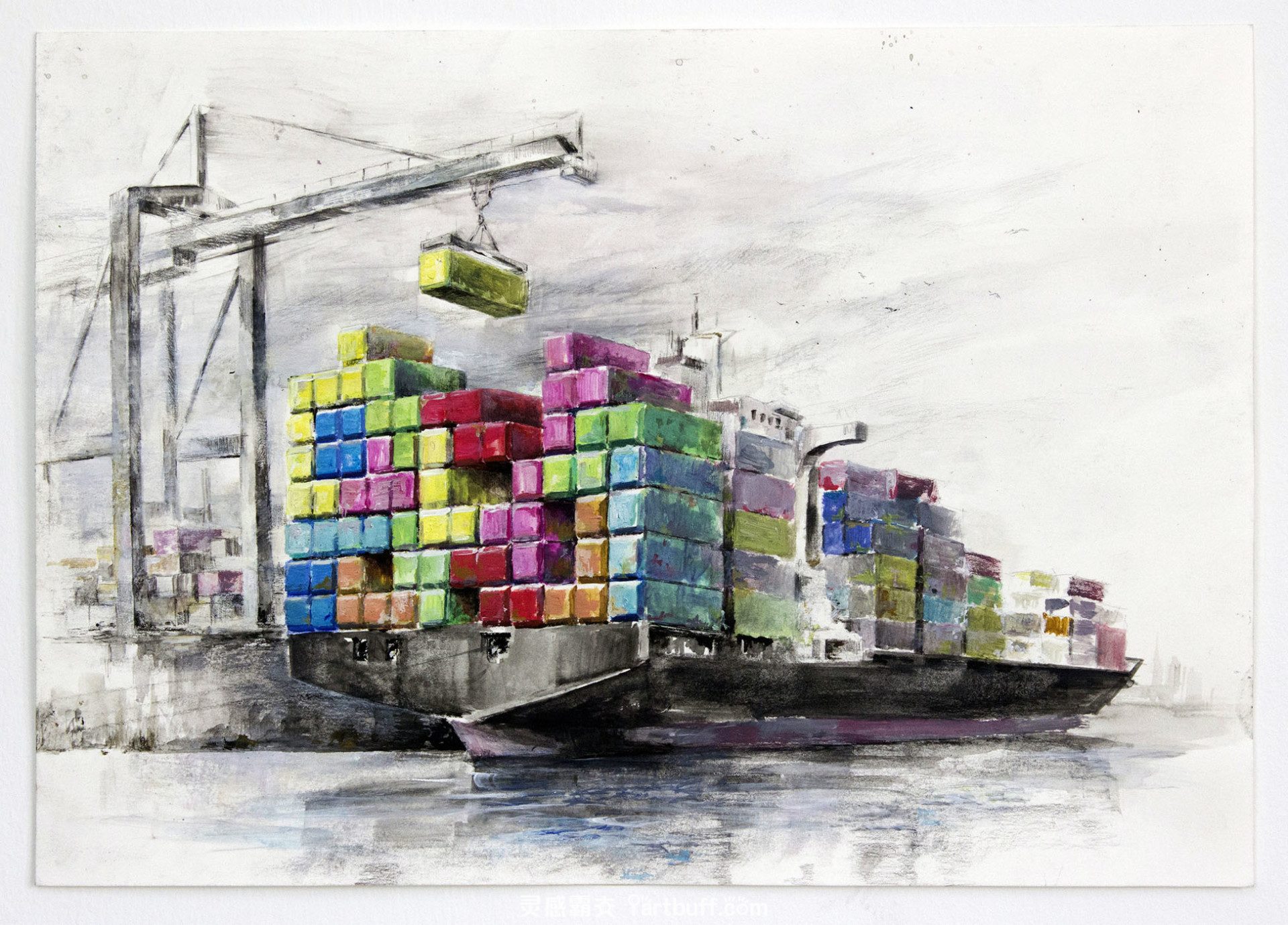 General 1920x1380 digital art ship sea Tetris bricks dock cranes (machine) CGI colorful loading vehicle
