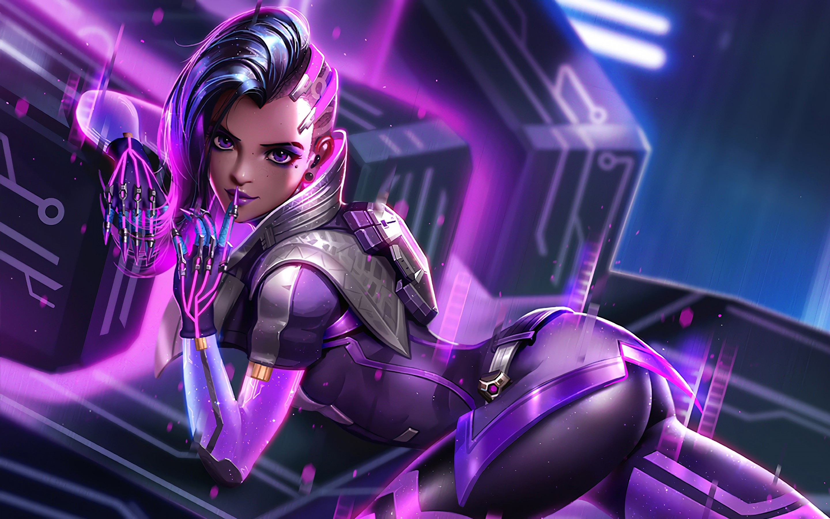 General 2880x1800 Overwatch Sombra (Overwatch) ass futuristic PC gaming dark hair purple blue pink Jason Liang