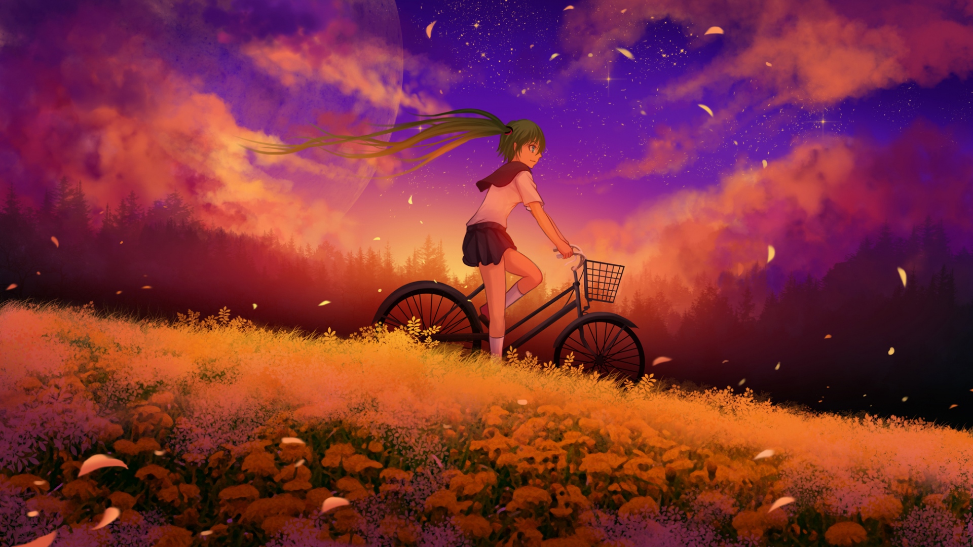 Anime 1920x1080 Hatsune Miku Vocaloid school uniform bicycle field flowers twintails green hair