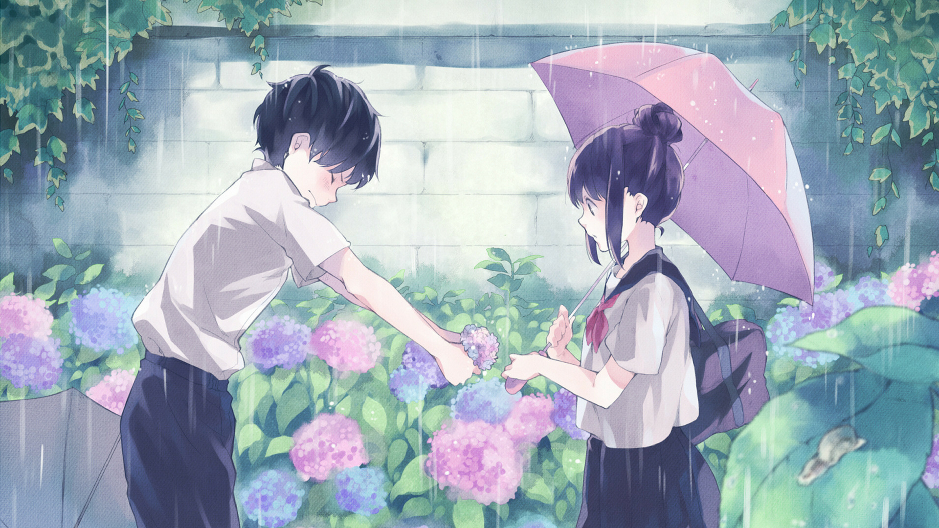Anime 1920x1080 anime girls anime boys anime rain flowers umbrella hairbun school uniform original characters black hair hydrangea