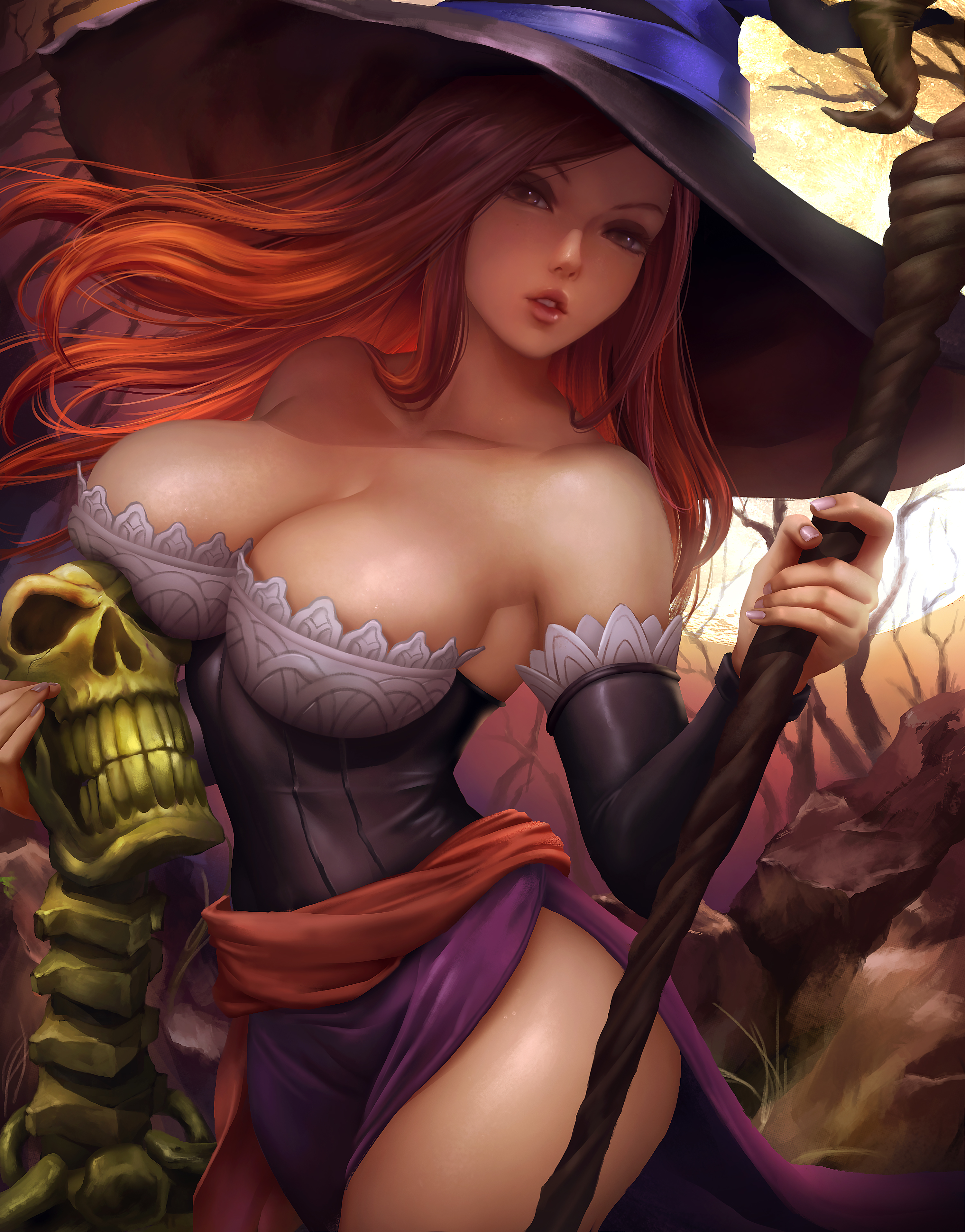 witch hat scepters redhead long hair straight hair clavicles bare shoulders...