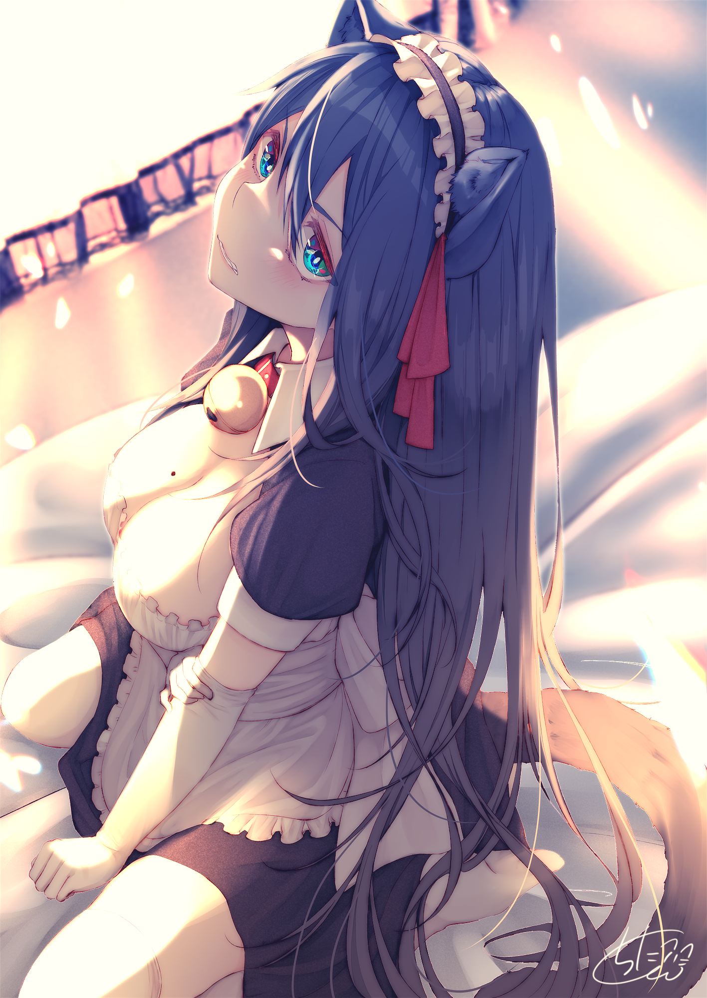 Anime 1417x2000 cat girl cat ears animal ears tail fantasy girl dark hair long hair hair ornament high angle collar cleavage maid maid outfit kneeling thigh-highs elbow gloves in bed blue eyes blushing looking at viewer anime anime girls original characters portrait display artwork drawing digital art illustration fantasy art 2D chita (ketchup) Pixiv