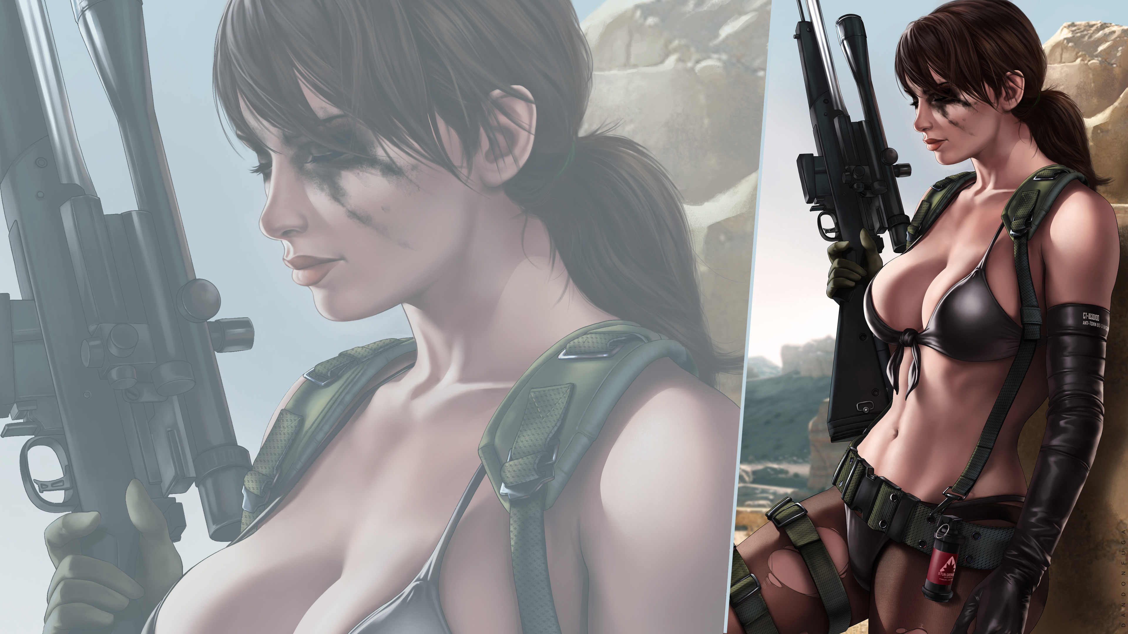 General 3840x2160 Quiet (metal gear) Metal Gear Solid V: The Phantom Pain video game characters gun digital art girls with guns cleavage closed mouth closed eyes big boobs elbow gloves pantyhose ponytail brunette makeup smiling scopes sniper rifle video game girls