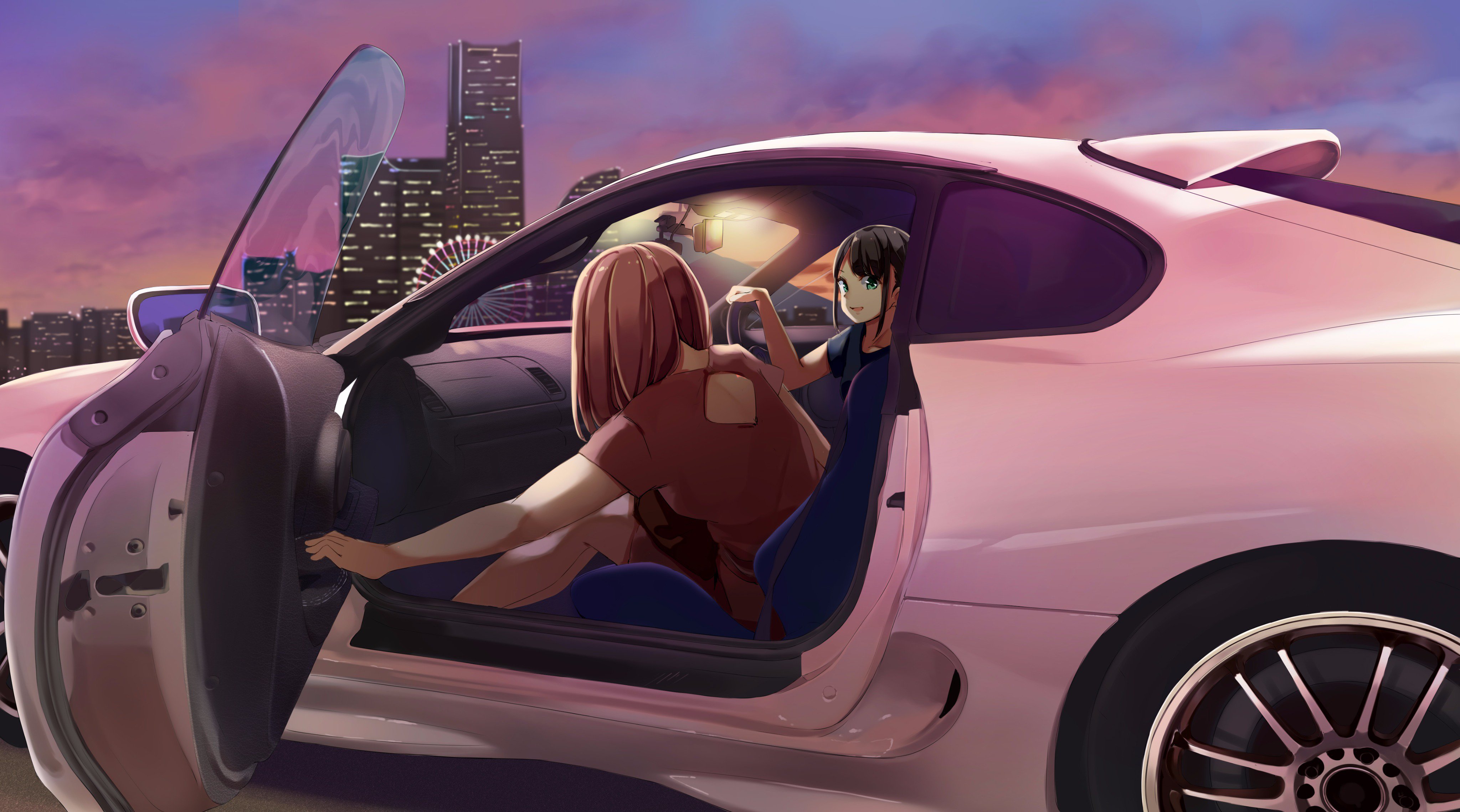 Anime 4096x2279 car anime open door vehicle car interior ferris wheel wheels spoilers anime girls tuning custom door Japanese cars RHD sport seats sitting dawn back