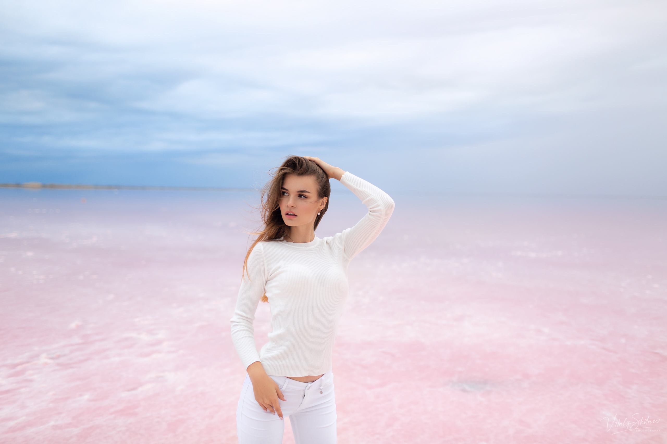 People 2560x1707 women Vitaly Skitaev white clothing jeans sky clouds women outdoors water looking away model