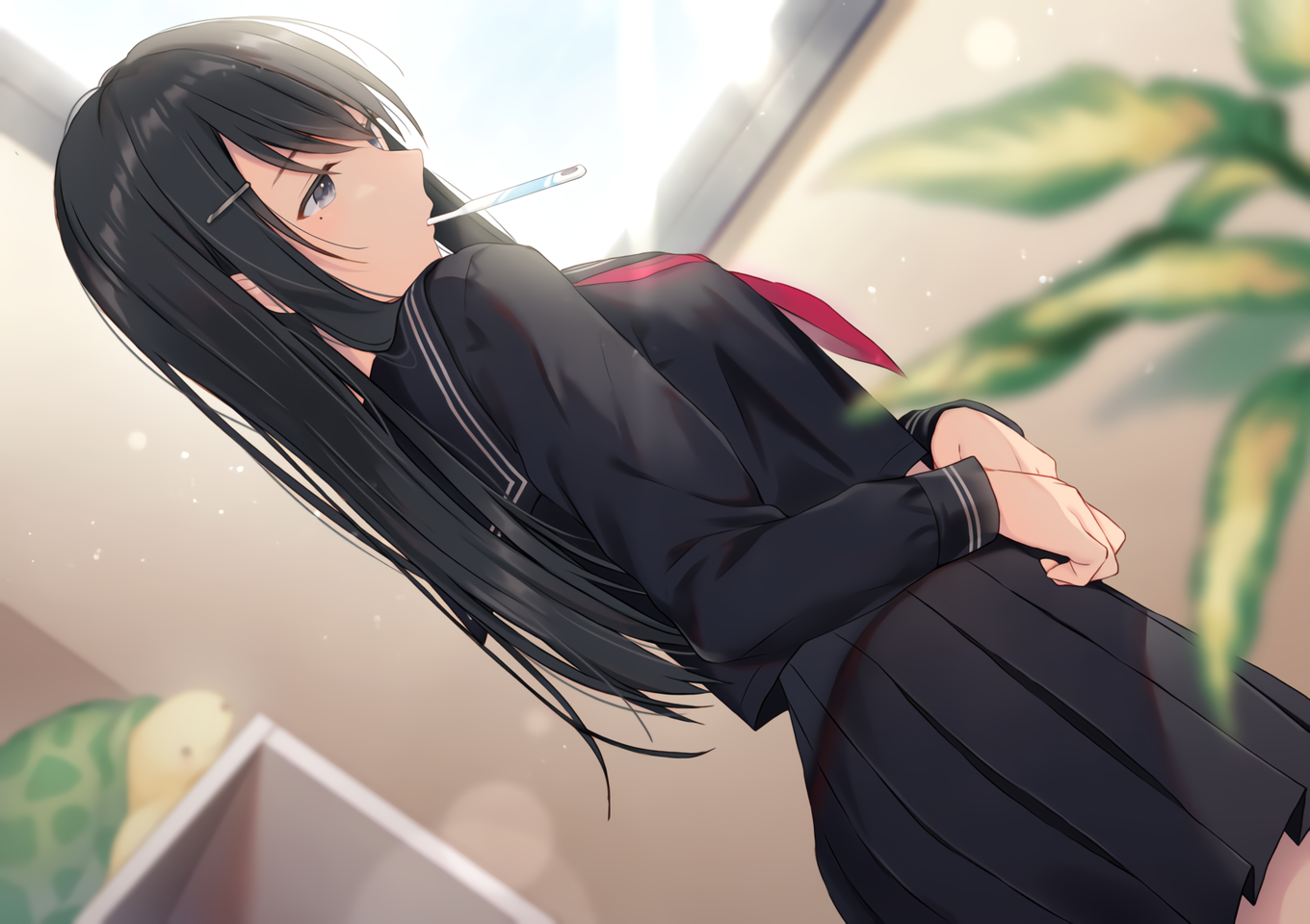 Anime 1360x960 gray eyes black hair school uniform long hair skirt anime girls anime
