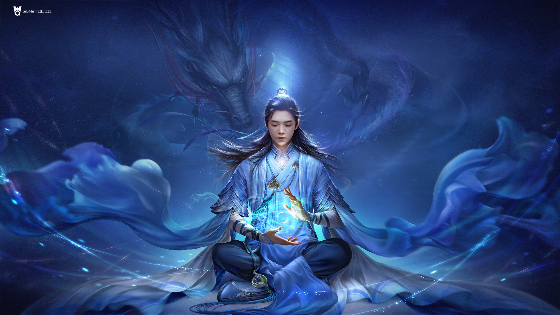 General 1920x1080 3Q Studio drawing men dark hair long hair ponytail magician spell blue clothing Chinese dragon monks Serenity frontal view