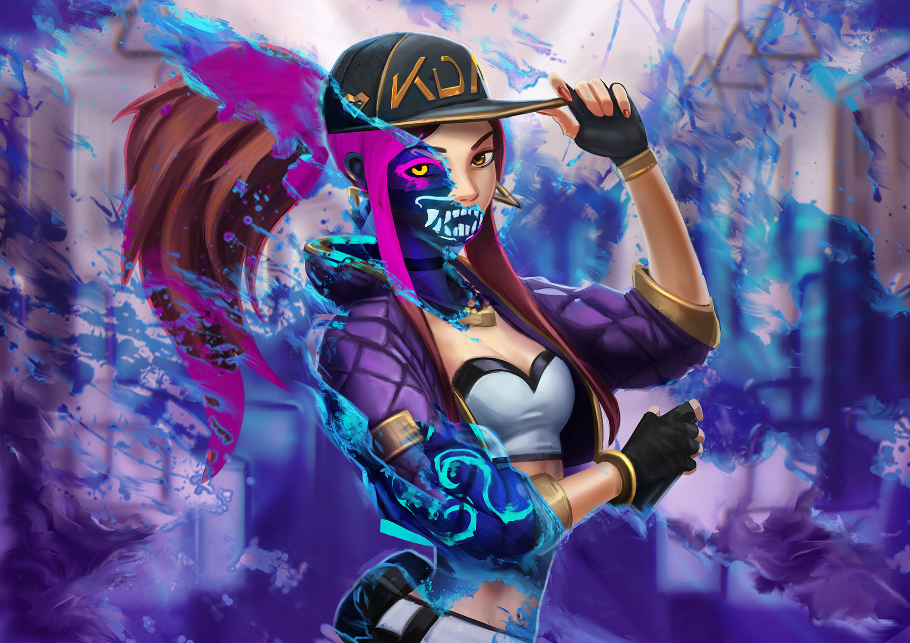 General 1800x1273 Akali (League of Legends) video game art League of Legends character design  fan art illustration cyan purple