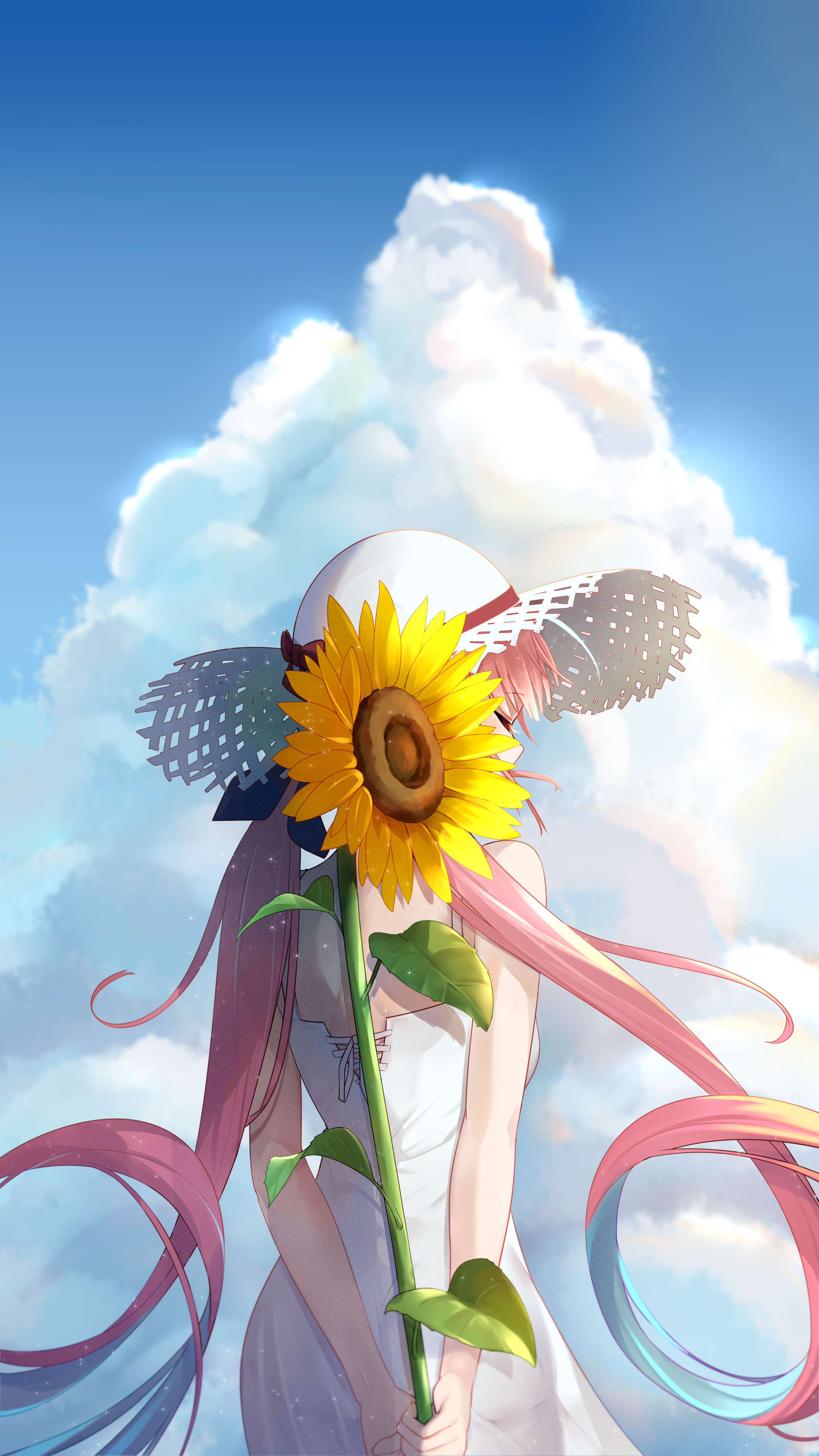 Anime 2655x4720 anime anime girls digital art artwork 2D portrait display Yao Unripe Hololive Virtual Youtuber Minato Aqua sunflowers hat dress sun dress pink hair twintails