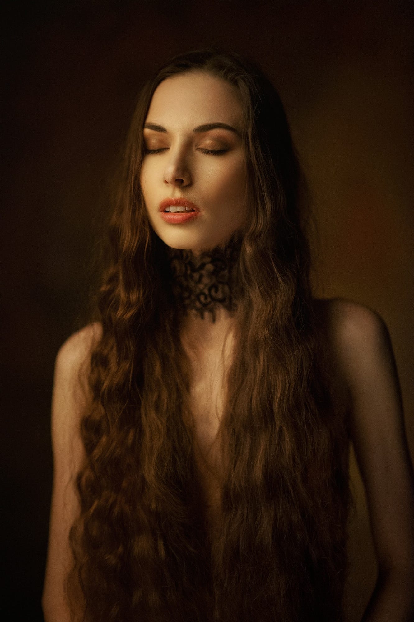 People 1331x2000 Maxim Maximov women brunette long hair wavy hair closed eyes makeup eyeshadow open mouth lipstick choker lace nude strategic covering simple background hair covering boobs low light