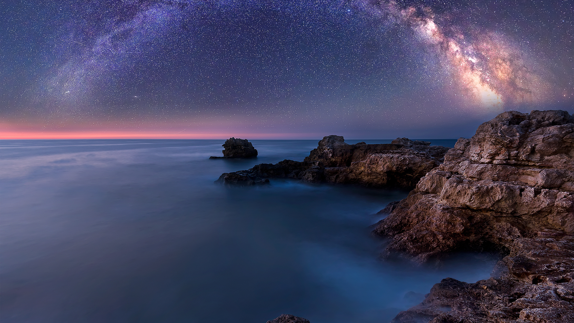 General 1920x1080 horizon rocks water sea stars night long exposure Milky Way nature Black Sea Bulgaria galaxy