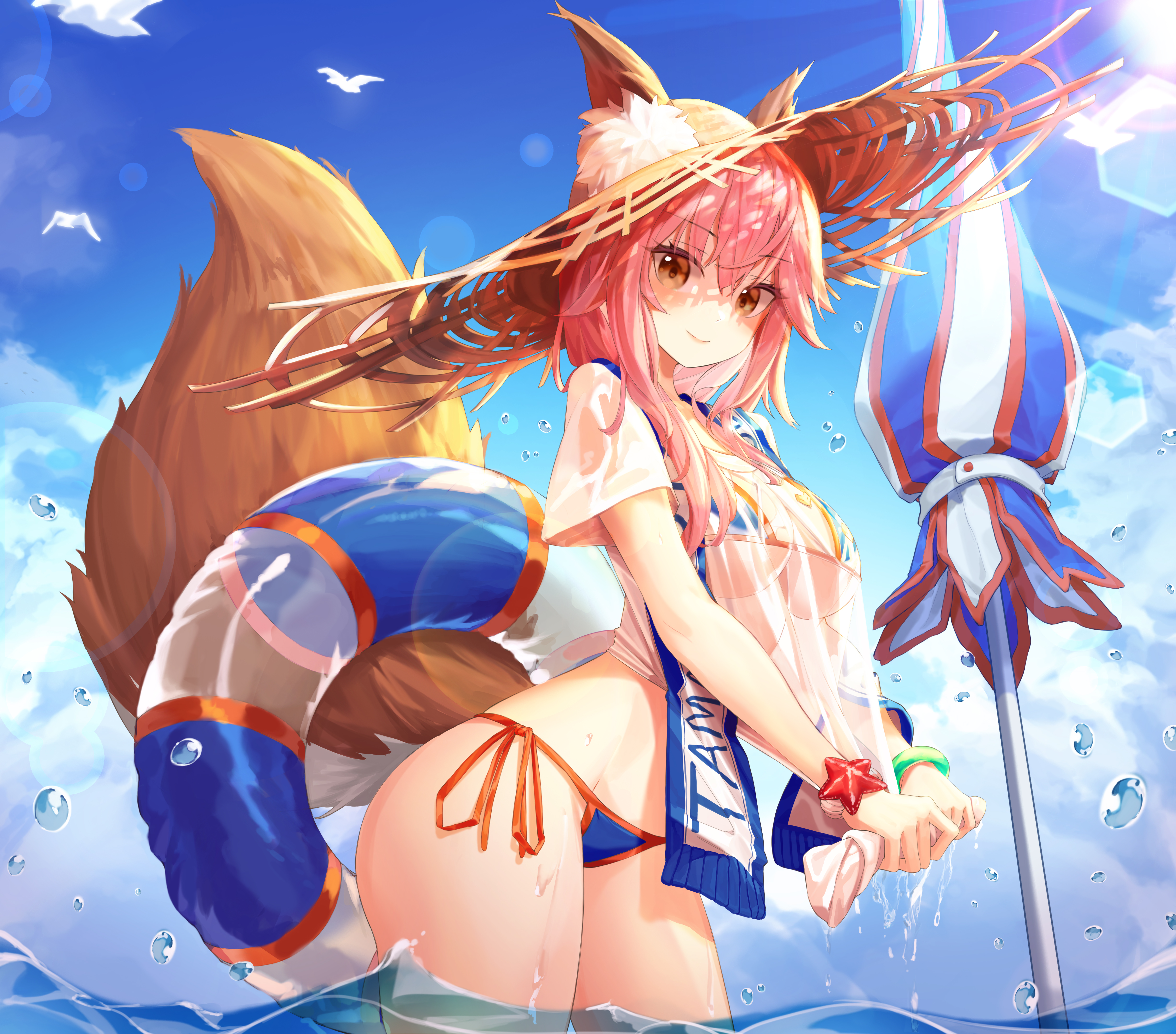 Anime 4500x3956 Tamamo no Mae (fate/grand order) Fate/Grand Order Fate series anime anime girls animal ears fantasy girl straw hat looking at viewer smiling bikini swimwear T-shirt see-through clothing wet clothing water drops in water tail sky birds sun rays lens flare summer floater artwork drawing digital art illustration 2D fan art